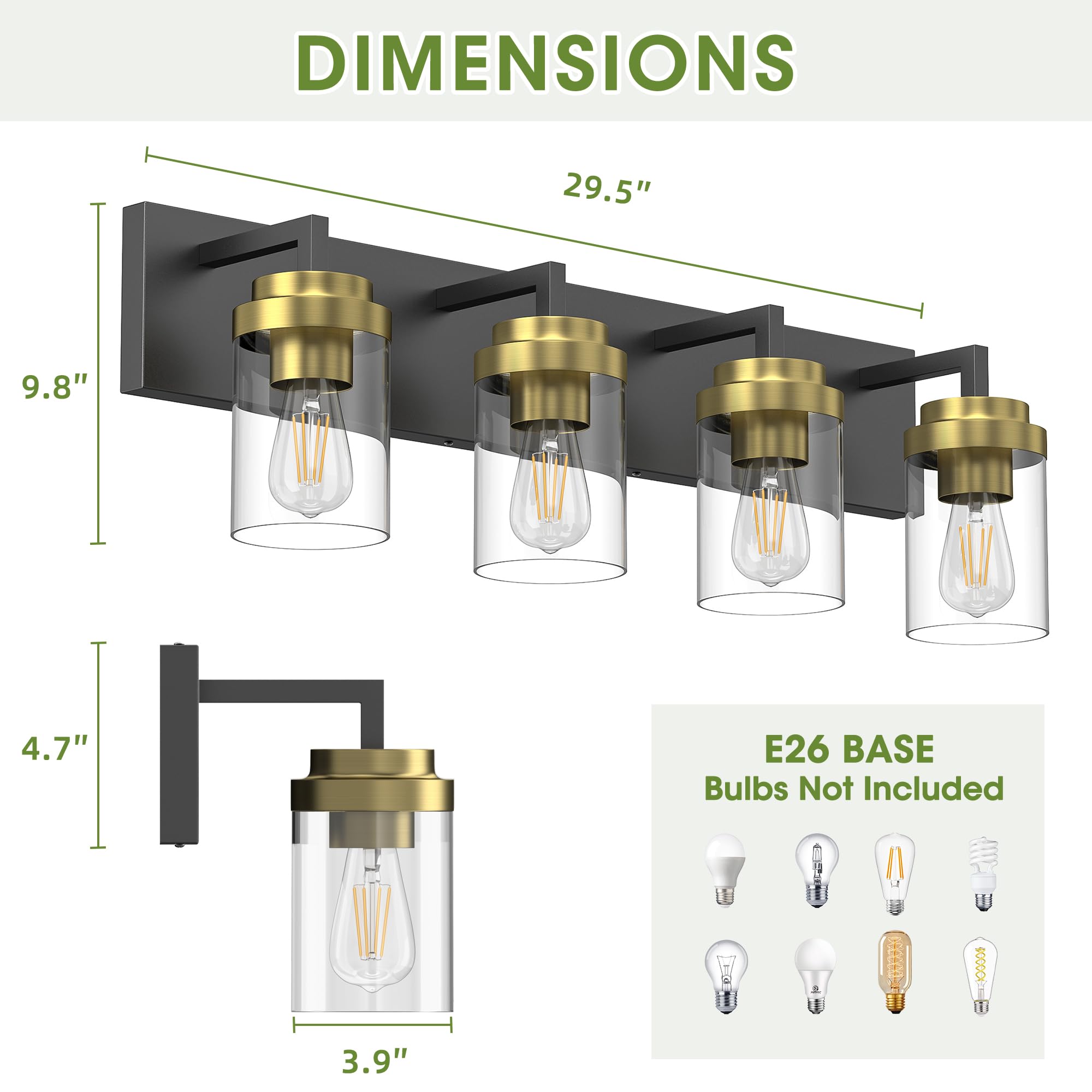 Espird Bathroom Lighting Fixtures, 4-Light Bathroom Vanity Lights Over Mirror, Black And Gold Vanity Light With Glass Shade, Mod