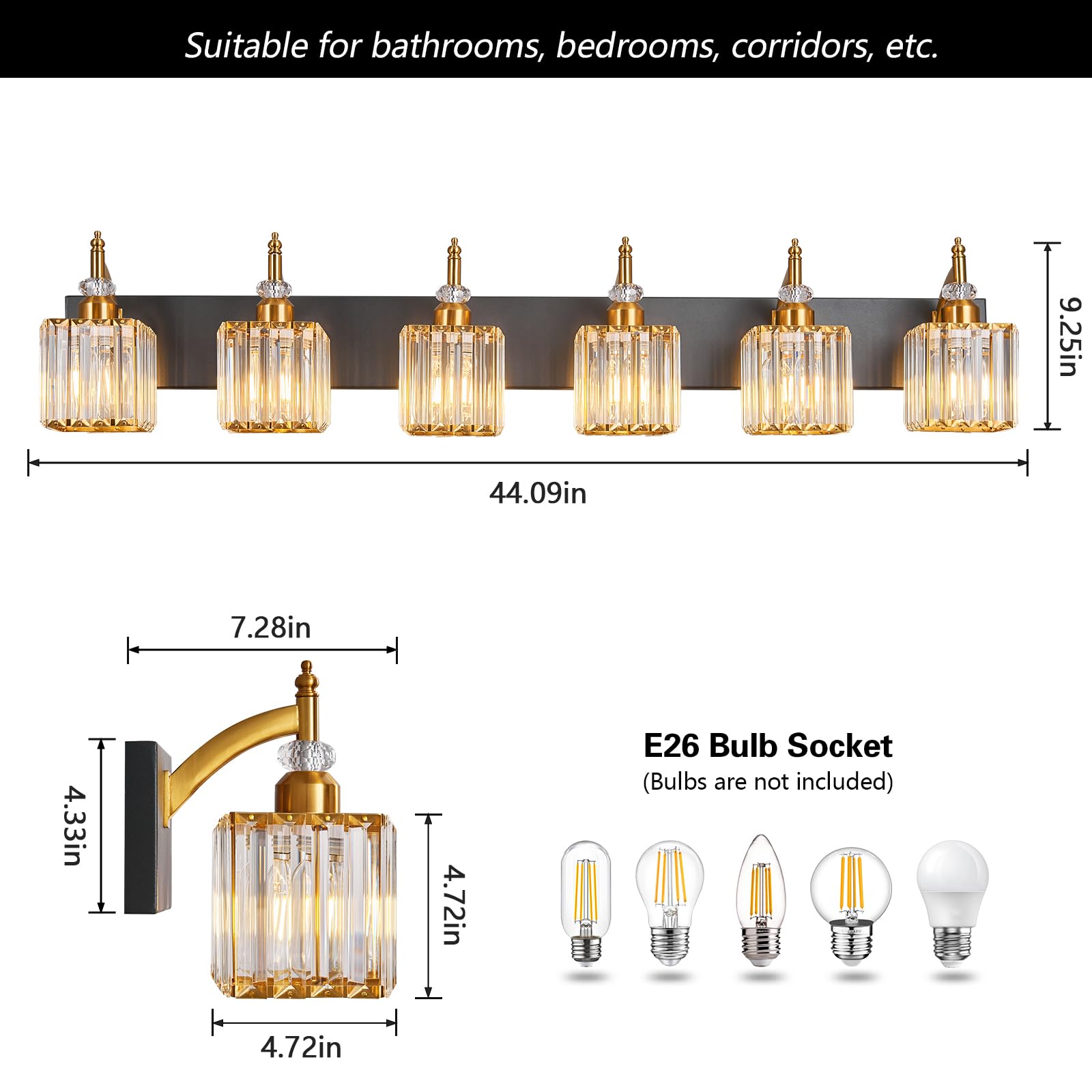 BBLLWJ 6-Light Bathroom Vanity Light Fixture, Modern Black Gold with Crystal Accents, Model 655