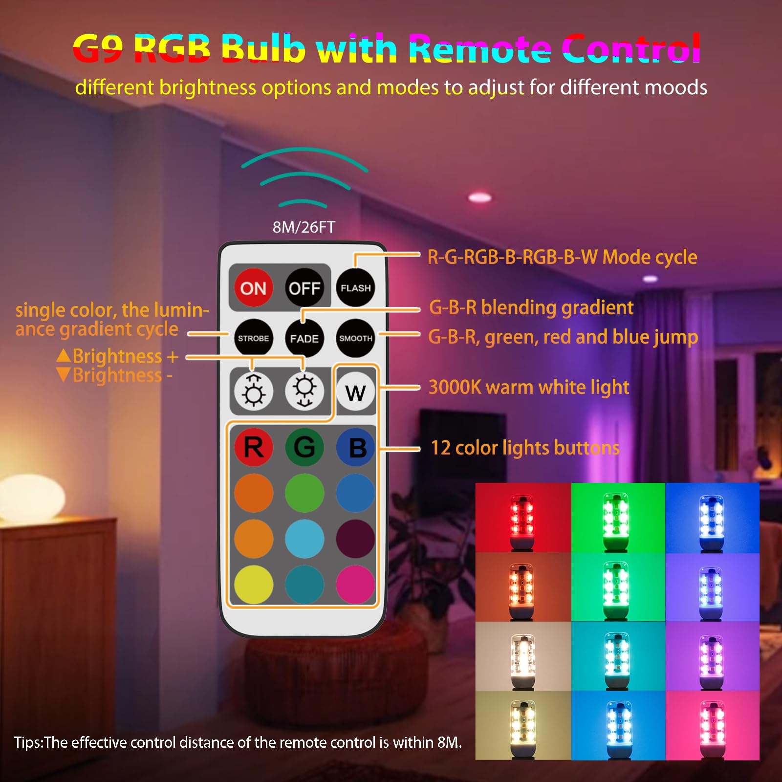 Cxyemt G9 LED Bulb 2W Dimmable, 12 Color RGB + Warm White 3000K, IR Remote, 4 Modes, 2 Pack