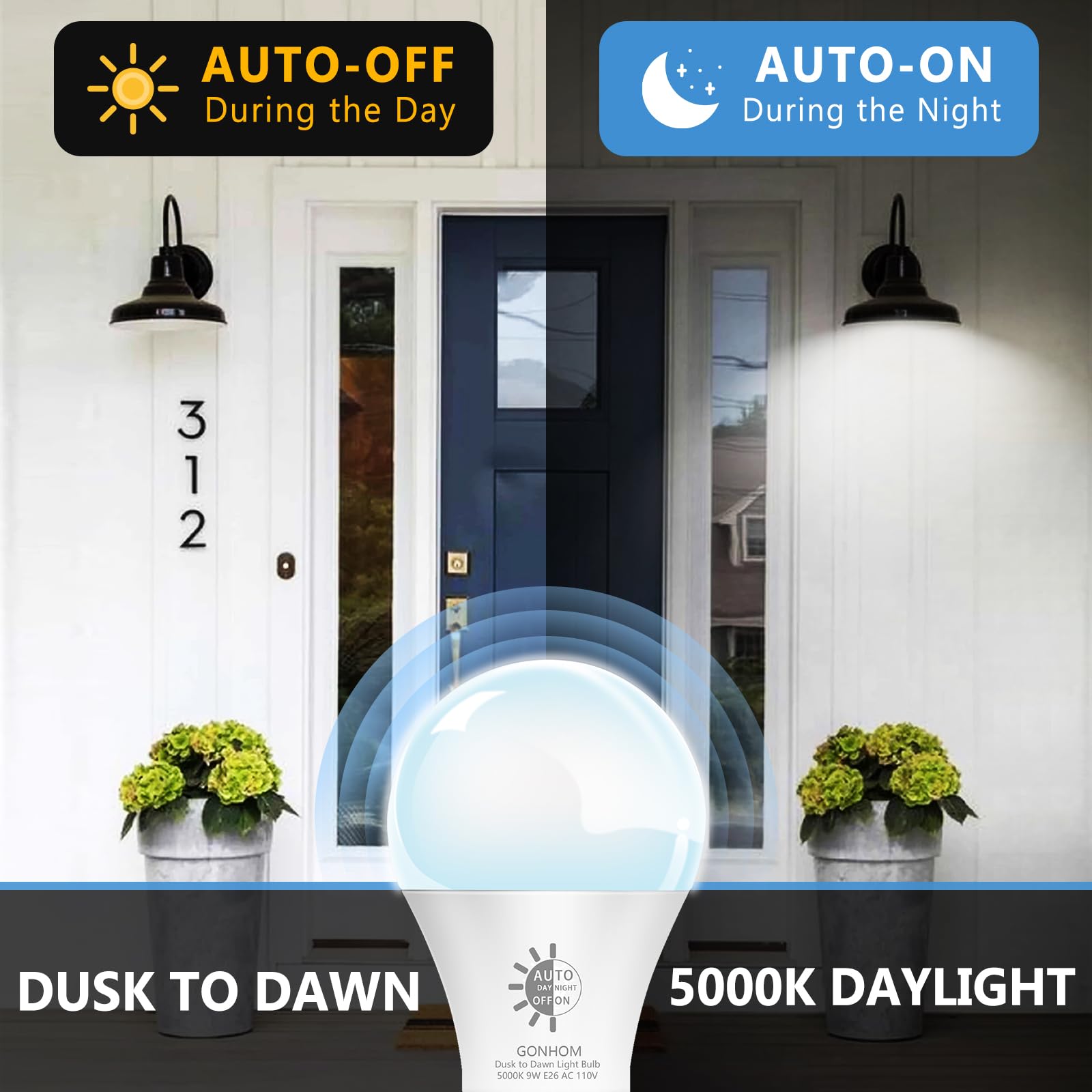 Gonhom Dusk to Dawn LED Light Bulbs, 2 Pack, 5000K Daylight, 720LM, 9W (60W Equivalent) A19 E26 for Outdoor