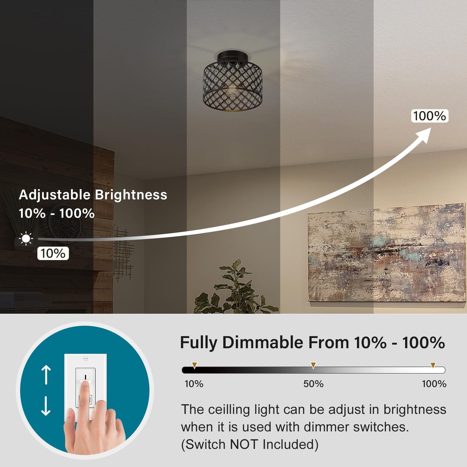 BZVESR Black Crystal Ceiling Light Fixture, Modern Semi Flush Mount Chandelier, 9 inch, 1 Light, for Hallway, Kitchen, Bedroom