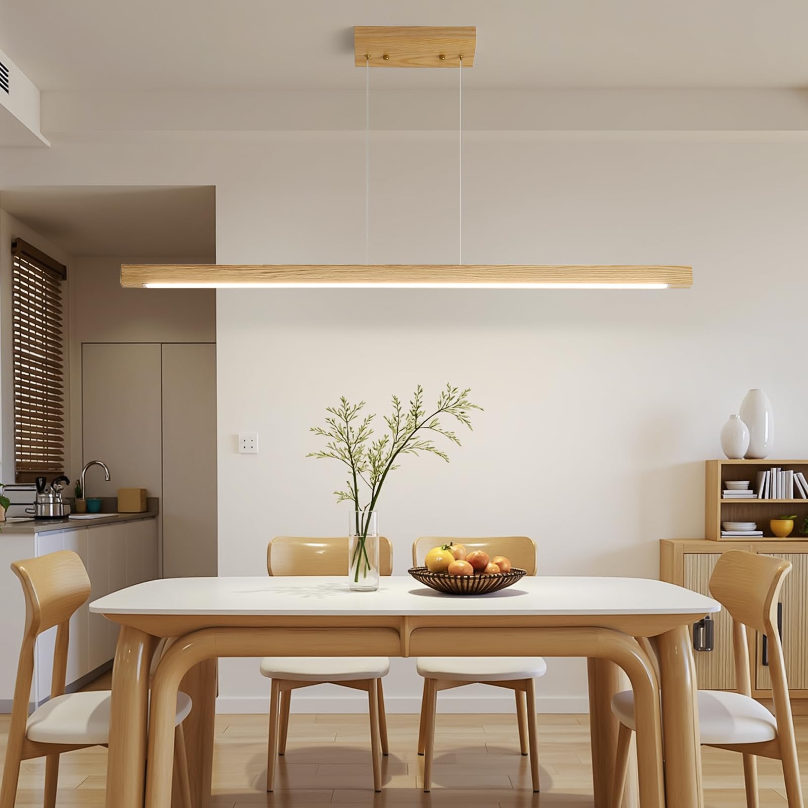 Mikeru Modern Wooden Pendant Light, 47IN, White Ash Wood, Remote Control, 3000K-6500K Adjustable, Aluminum, Model BLM