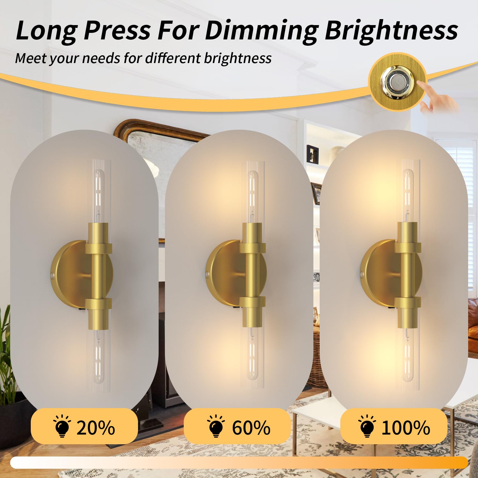 ThyFenno Dimmable Wall Sconce Set of Two, Rechargeable, Touch Control, Gold, Glass, Model TF-1T L3