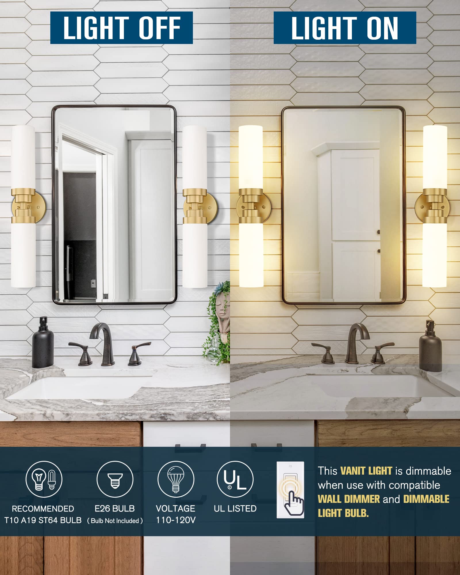 Emak Gold Vanity Lights For Mirror, 2 Light Bathroom Light Fixtures Over Mirror, Modern 22 Inch Wall Sconces With Milk Glass Sha