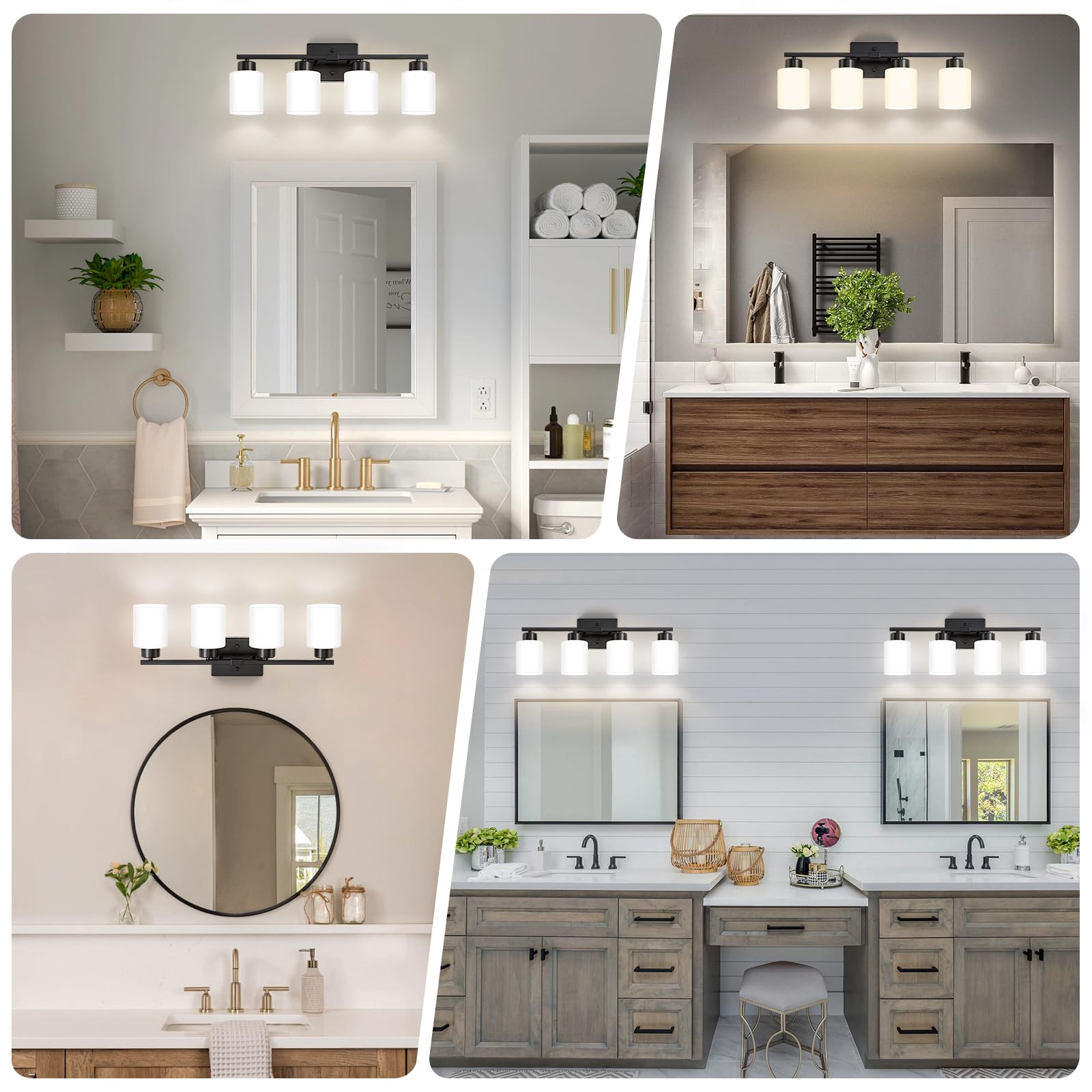 Fonmyim Black Bathroom Light Fixtures, 4-Light Modern Vanity Light Over Mirror, Wall Sconces With Milky White Frosted Glass Shad