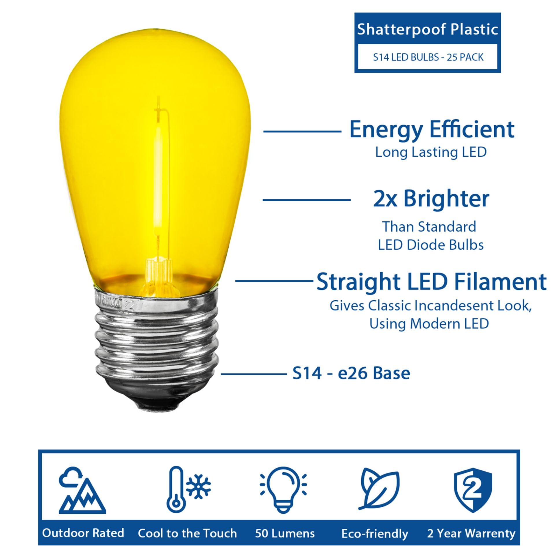 Novelty Lights S14 LED Replacement Bulbs, 5 Pack, Shatterproof Plastic, E26 Base, 30,000-Hour Lifespan, Yellow