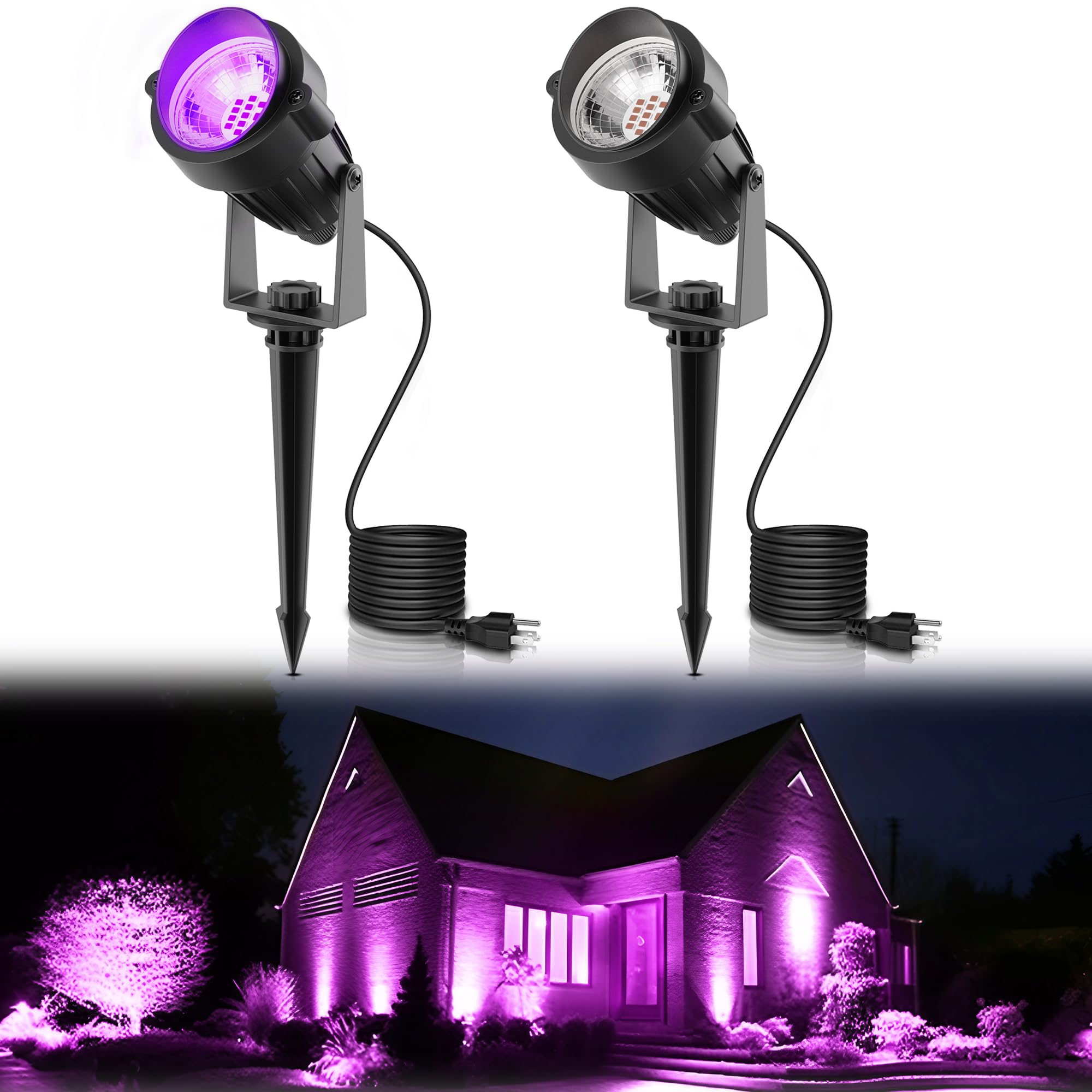 Lohas Christmas Spotlight Outdoor, Purple Led Spot Lights For Yard, Auto On/Off 5W 120V Landscape Lighting For House, Holiday, Trees, Decoration, 450Lm Ip66 Waterproof, Ul Listed, 2 Pack