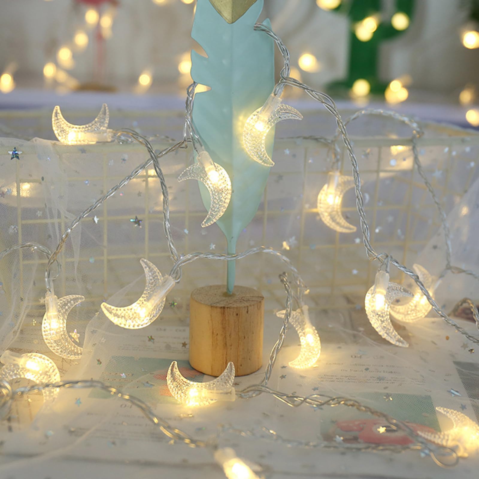 MoBunnly Moon String Lights Ramadan Decor, Outdoor LED String Lights 10Ft 20 LED Battery Operated Fairy Lights for Wedding Garde