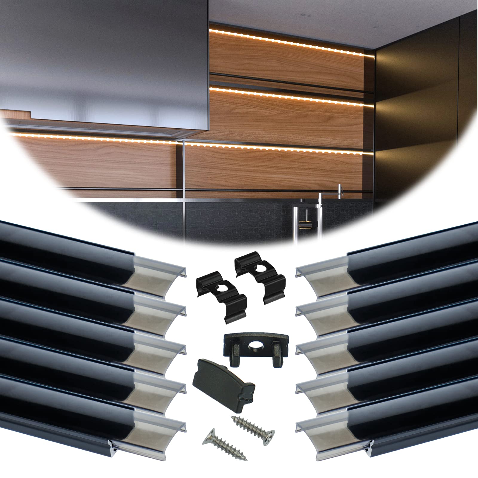 Muzata LED Channel 2M Black Aluminum U Shape with Smoky Cover, 10 Pack, Easy Installation