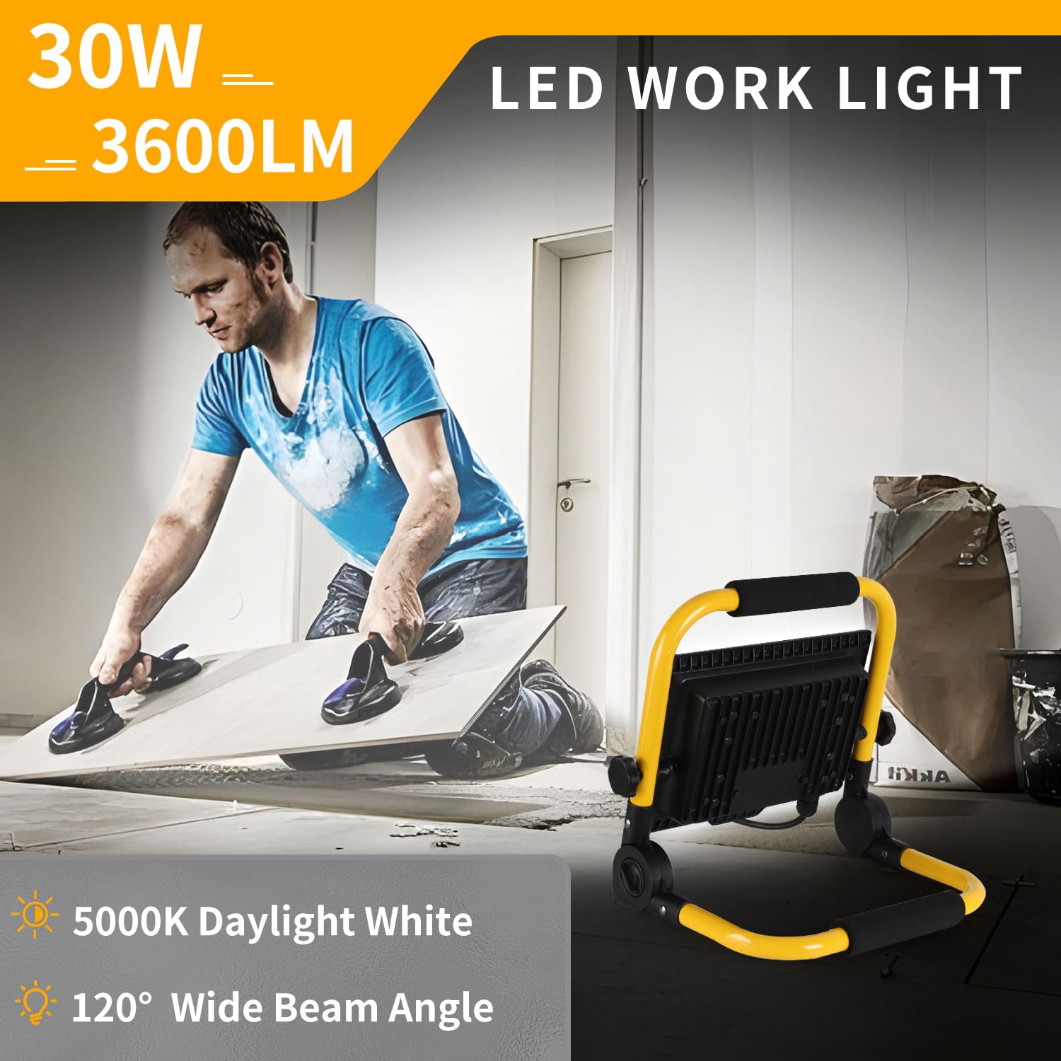 ISUERFY 30W LED Work Light - 3600 LM, IP66 Waterproof, 16ft Cord, Portable Stand, Black, Model SUER-GZD-30W-1P