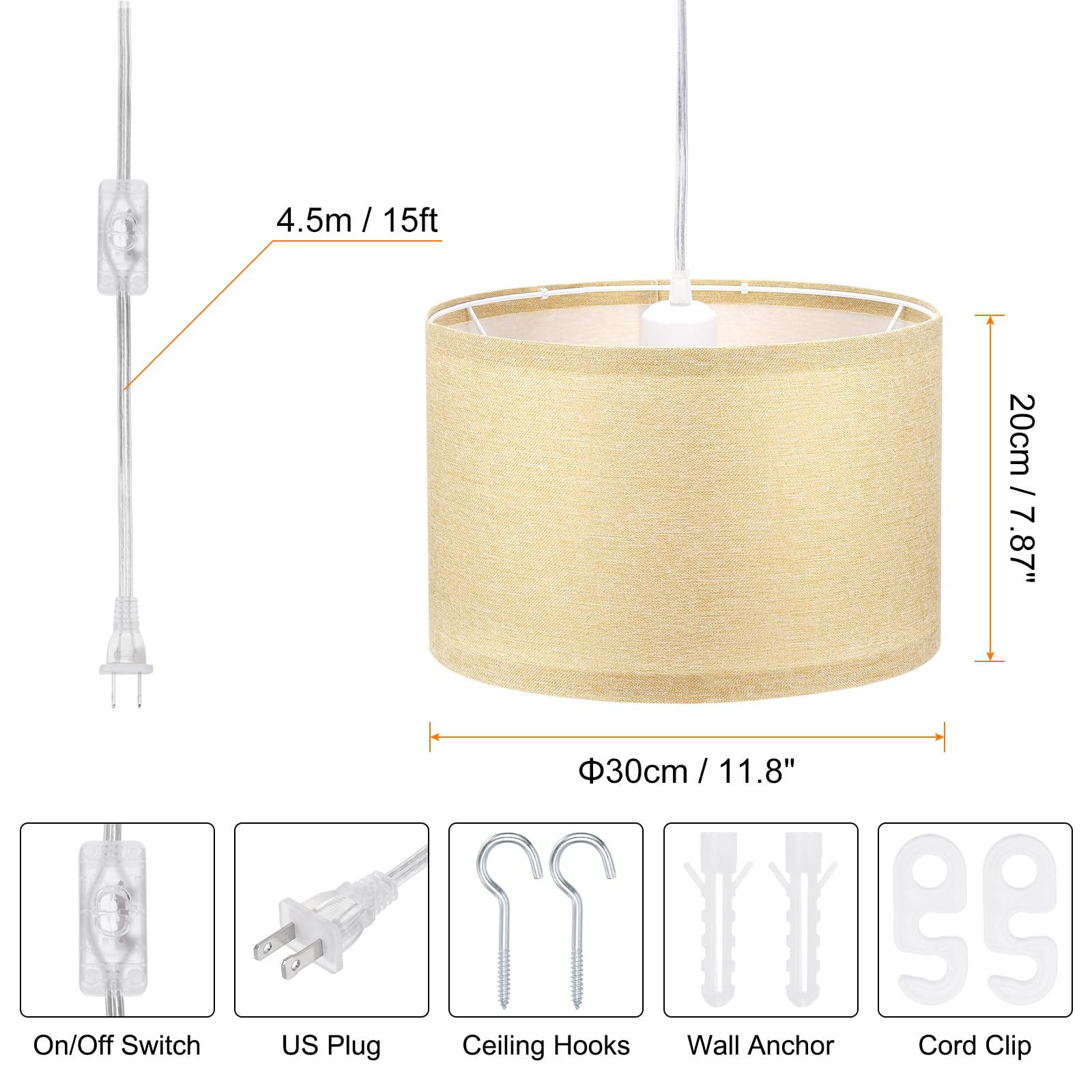 Patikil Plug In Pendant Light, 15Ft Rope Cord Hanging Lamp Fixture With On/Off Switch, Linen Fabric Shade E26/E27 Bulb Socket Fo