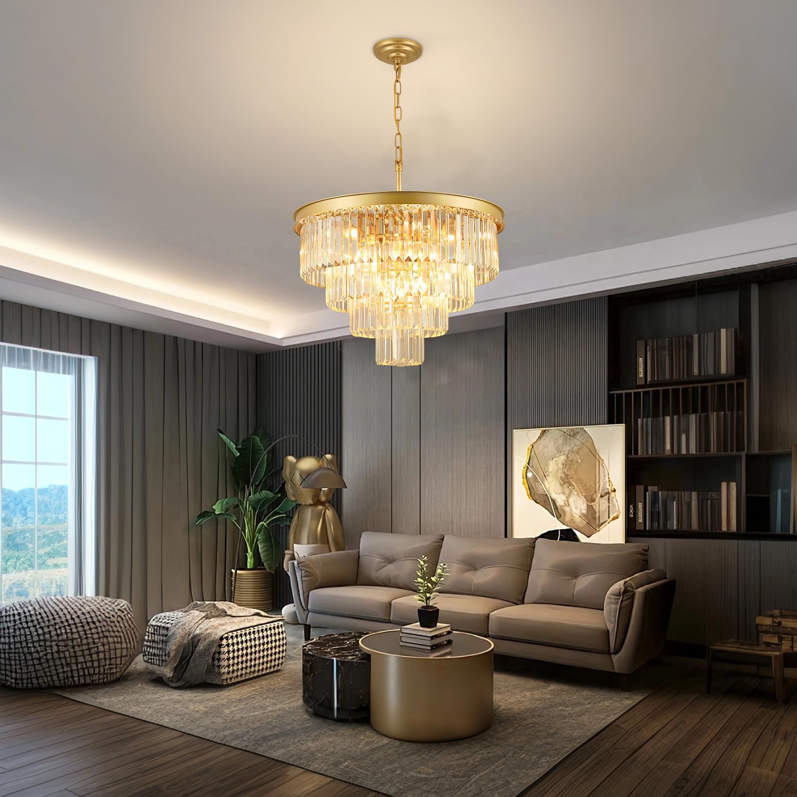 Crystal Chandeliers For Dining Room Lights Fixture Over Table  15 Lights Gold Modern Chandeliers For Living Room  4-Tier Round Crystal Lighting Fixtures For Bedroom Entryway Kitchen Island D24 Inch