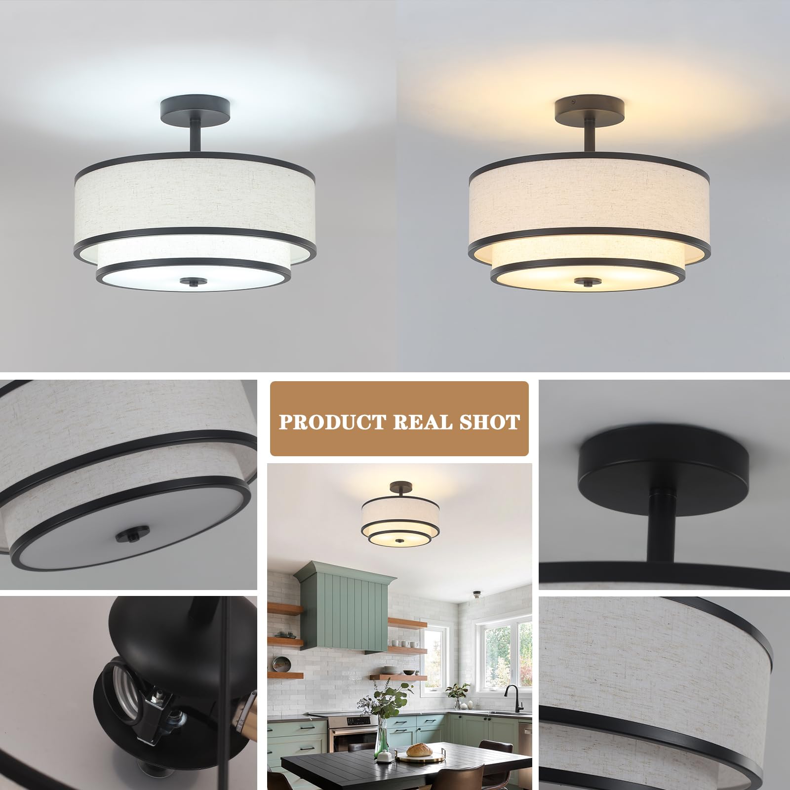 BUXVRCS Semi Flush Mount Ceiling Light Fixture, 3-Light Drum Design, Black Fabric Shade, Model: ceiling lights-001