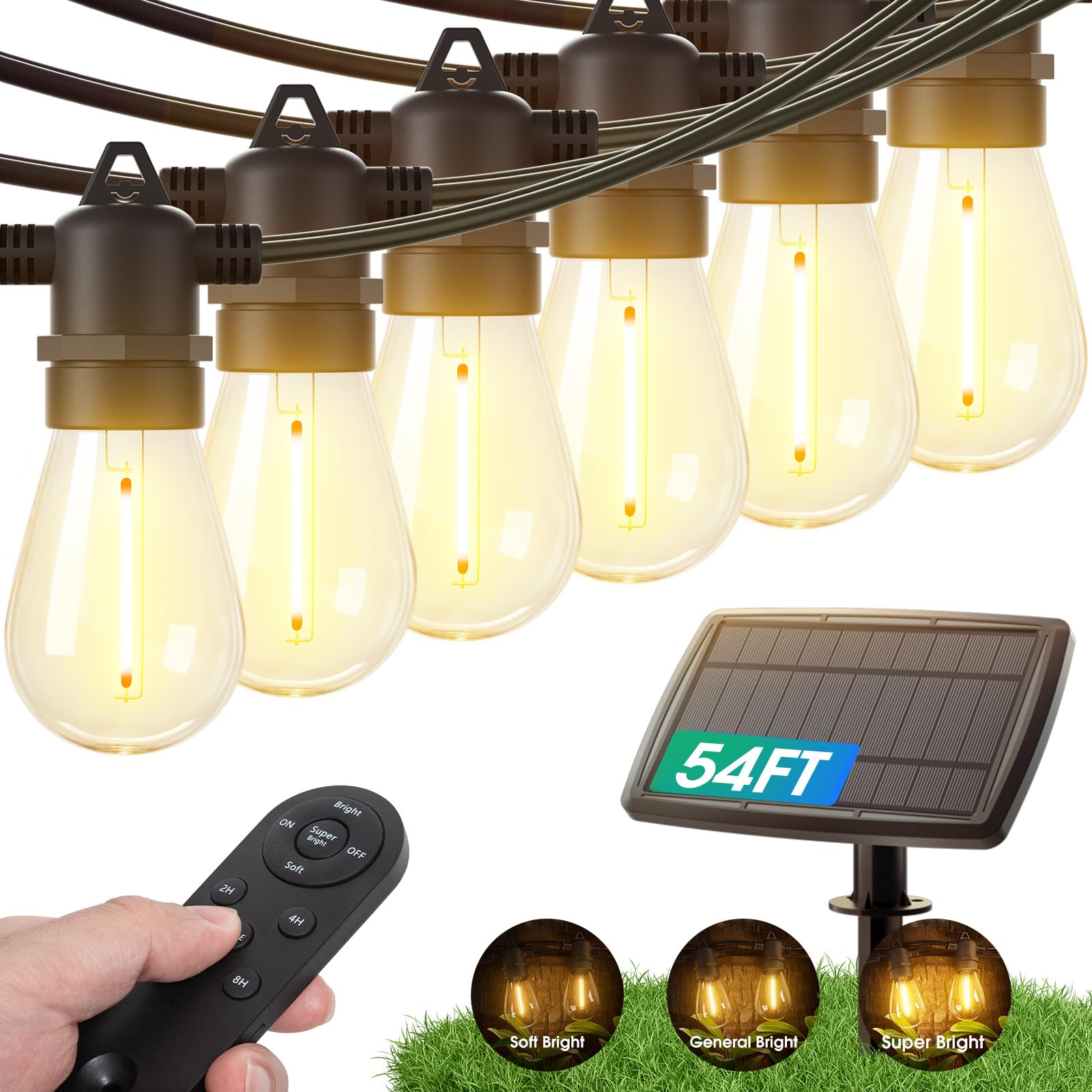 Kyy 54Ft Solar String Lights Outdoor, Usb Remote, Vintage Edison Bulbs, Waterproof, Black/Clear