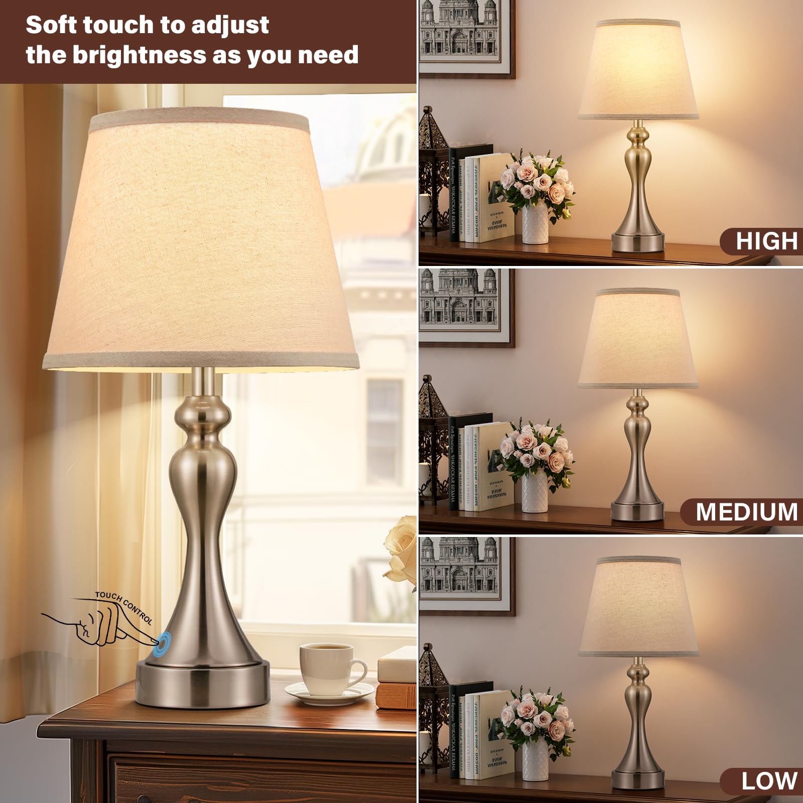 Seealle Touch Lamps Set of 2 - 3 Way Dimmable, USB C+A, Oat Shade & Nickel Base, Model 07022 for Bedroom & Night Stands