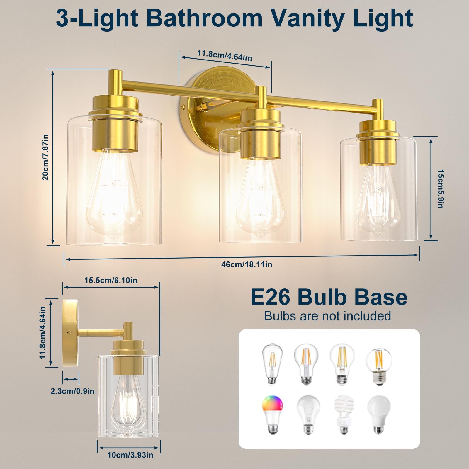 Sobrovo Bathroom Vanity Light Fixtures, 3-Light Brushed Gold Wall Sconce With Clear Glass, Modern Vanity Lights Over Mirror For