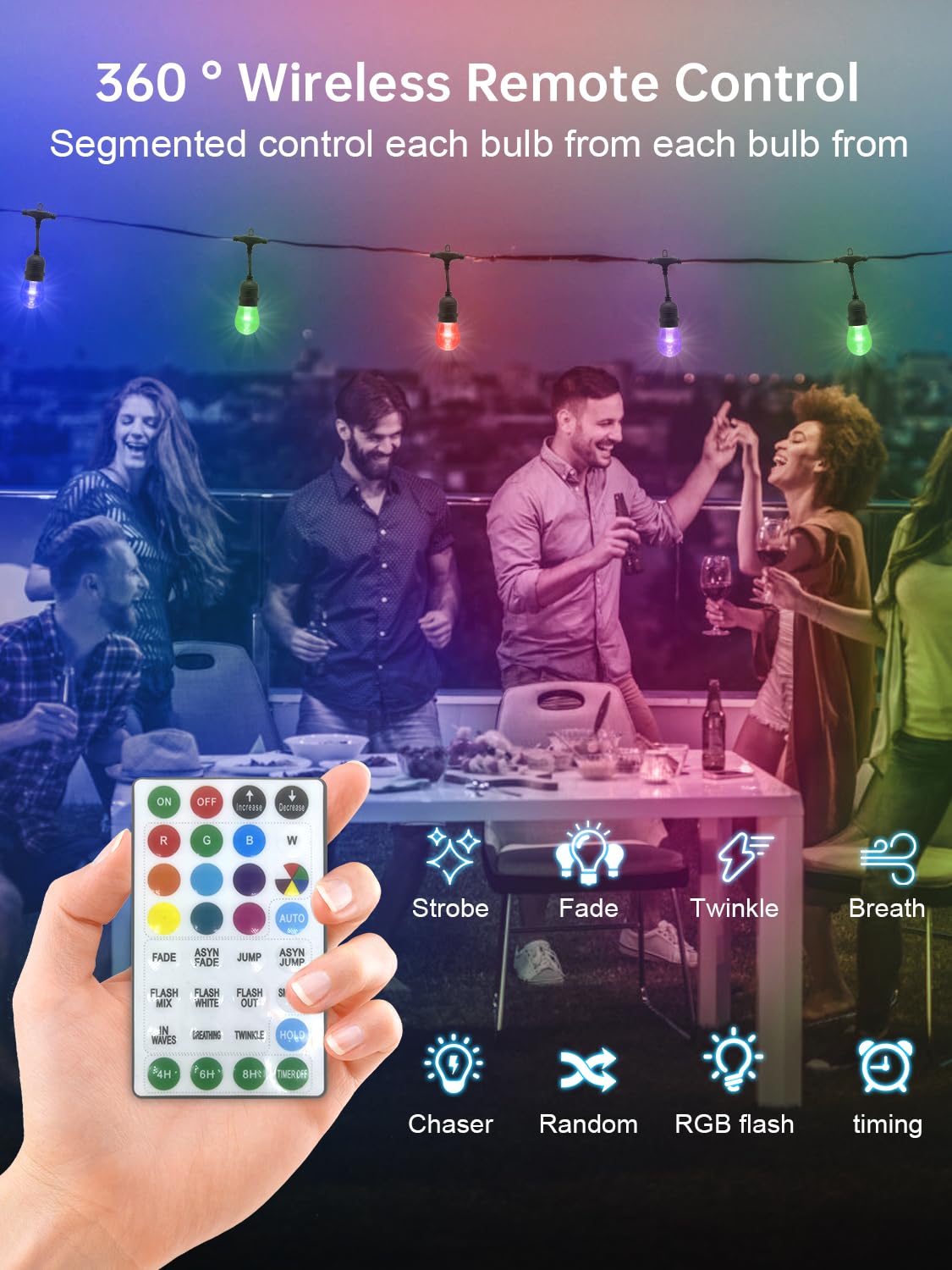 LSOOBZ 48FT LED Outdoor String Lights - Remote Control, Shatterproof, Waterproof, Multicolor, Dimmable for Patio & Wedding Decor