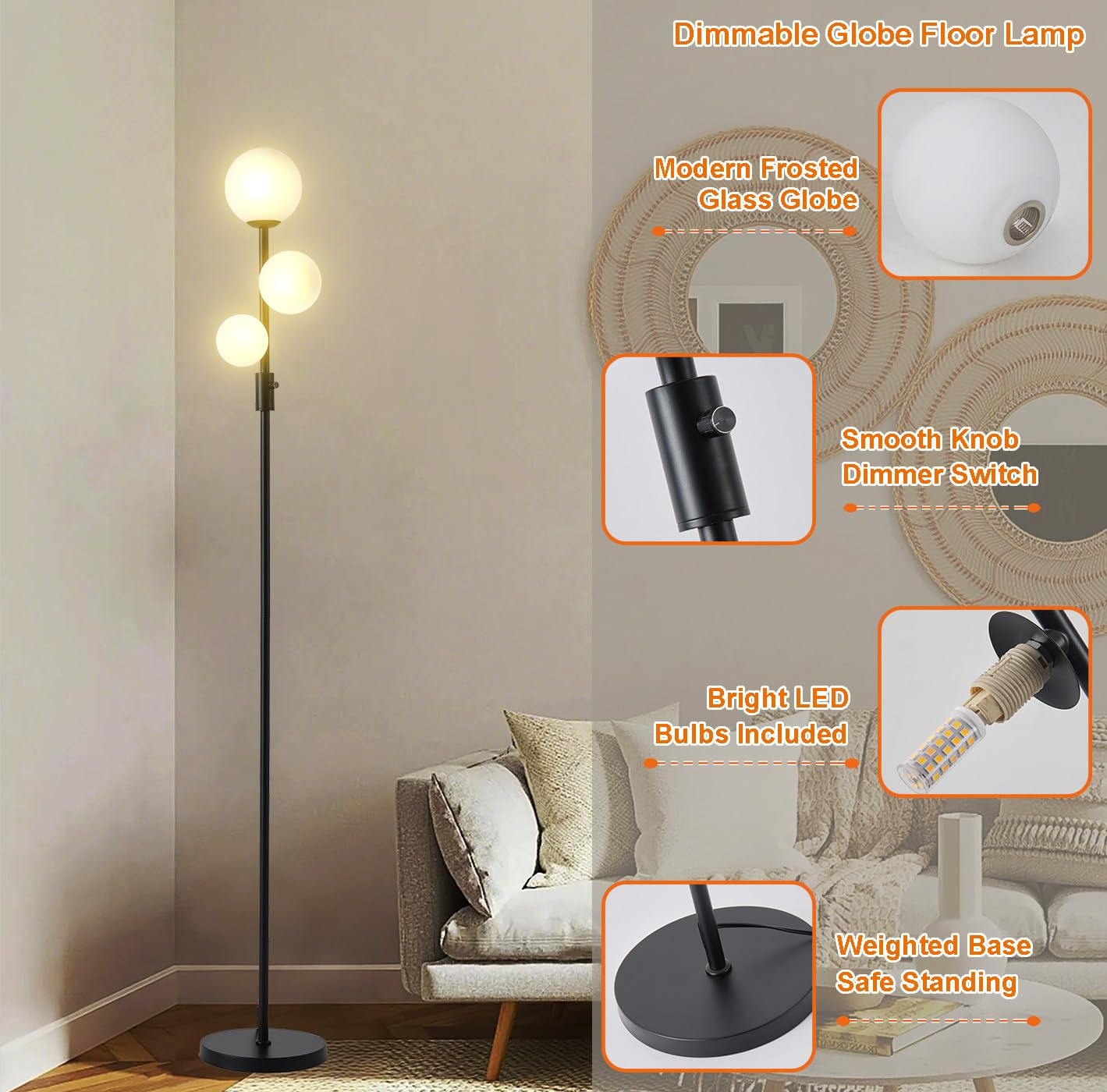 Fiqevs Upgraded Dimmable 3 Globe Floor Lamp, 1000 Lumens Led Bulbs Included, Mid Century Floor Lamp For Living Room, Modern Stan