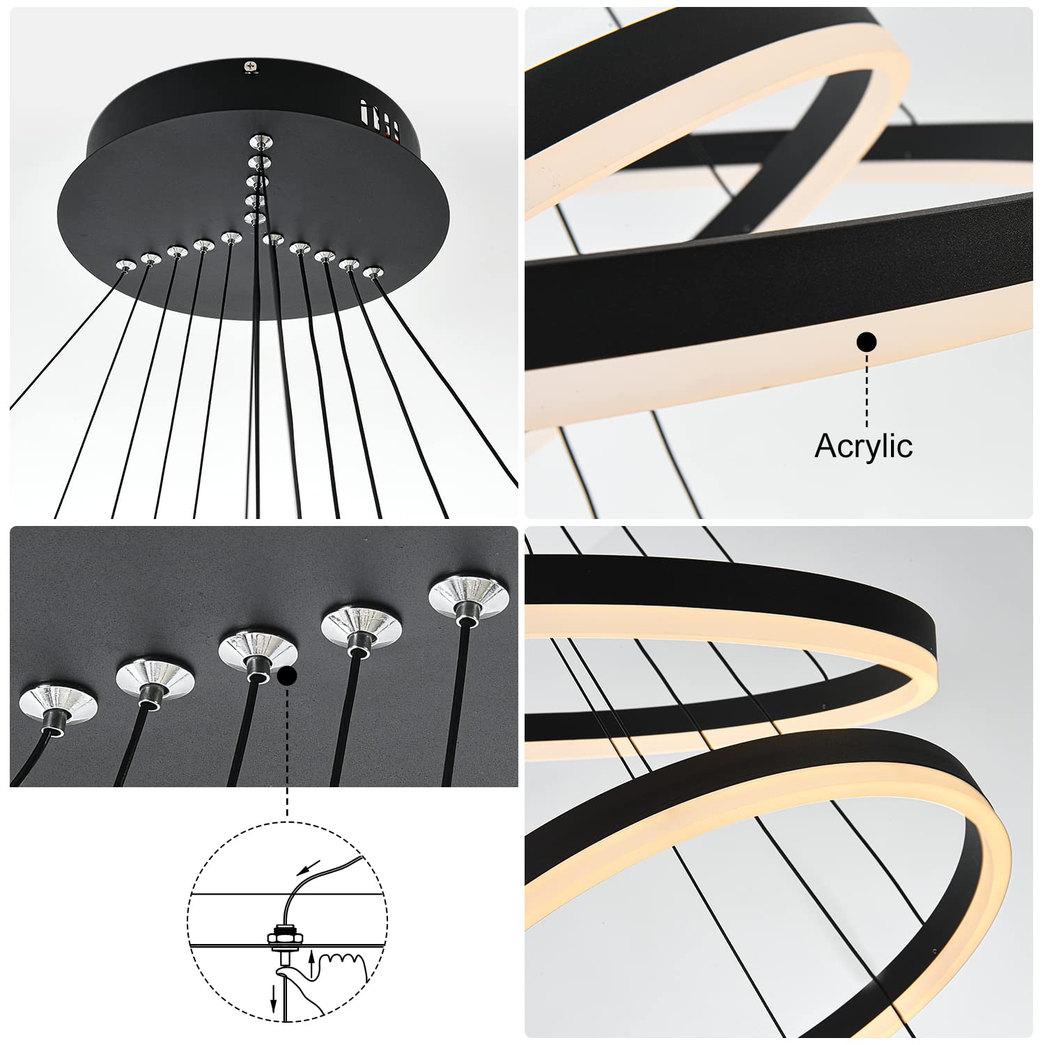 XGZL · LIGHTING Modern LED Chandelier, 5-Rings, Dimmable, Black, 31.5”, Remote Control, Ideal for Dining Room, Foyer, Living Room