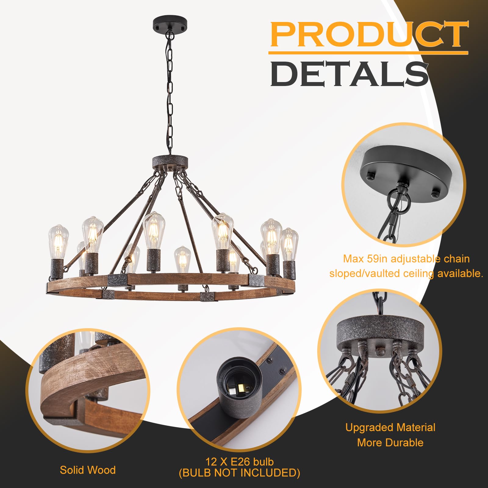 Benkut 31" Farmhouse Wagon Wheel Chandelier, 12-Light Black Wood Fixture for Dining Room, Living Room, Entryway - Model P62-12Z1