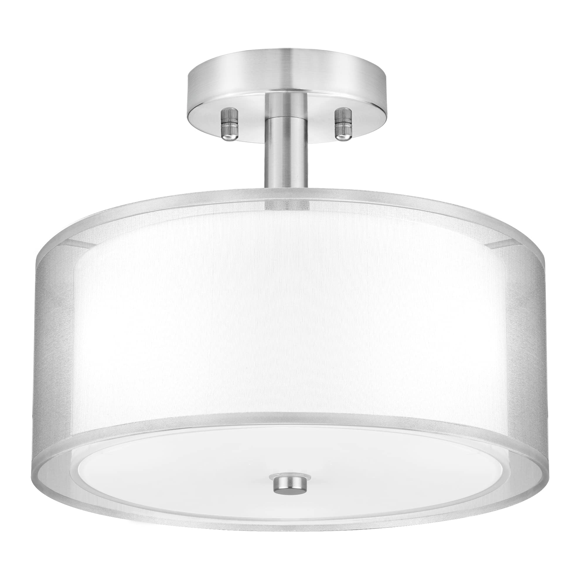 FOLKSMATE Silver Semi Flush Mount Ceiling Light Fixture, 3-Light Drum Light with Double Fabric Shade, Modern Close to Ceiling La