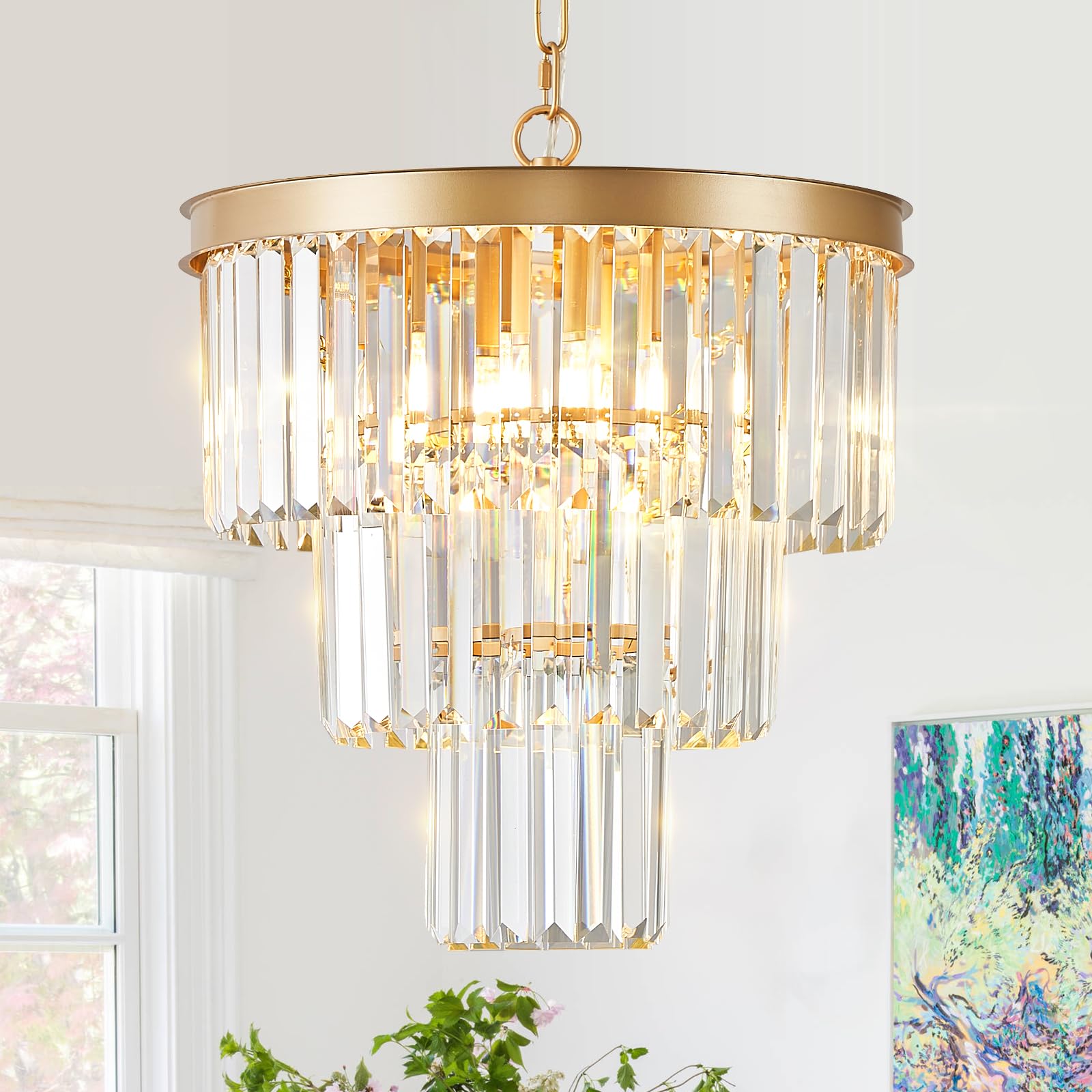 CATINER Gold Crystal Chandeliers 16'' Modern 6-Light Small Pendant Light Luxury 3 Tiers K9 Crystal Ceiling Pendant Round Light F