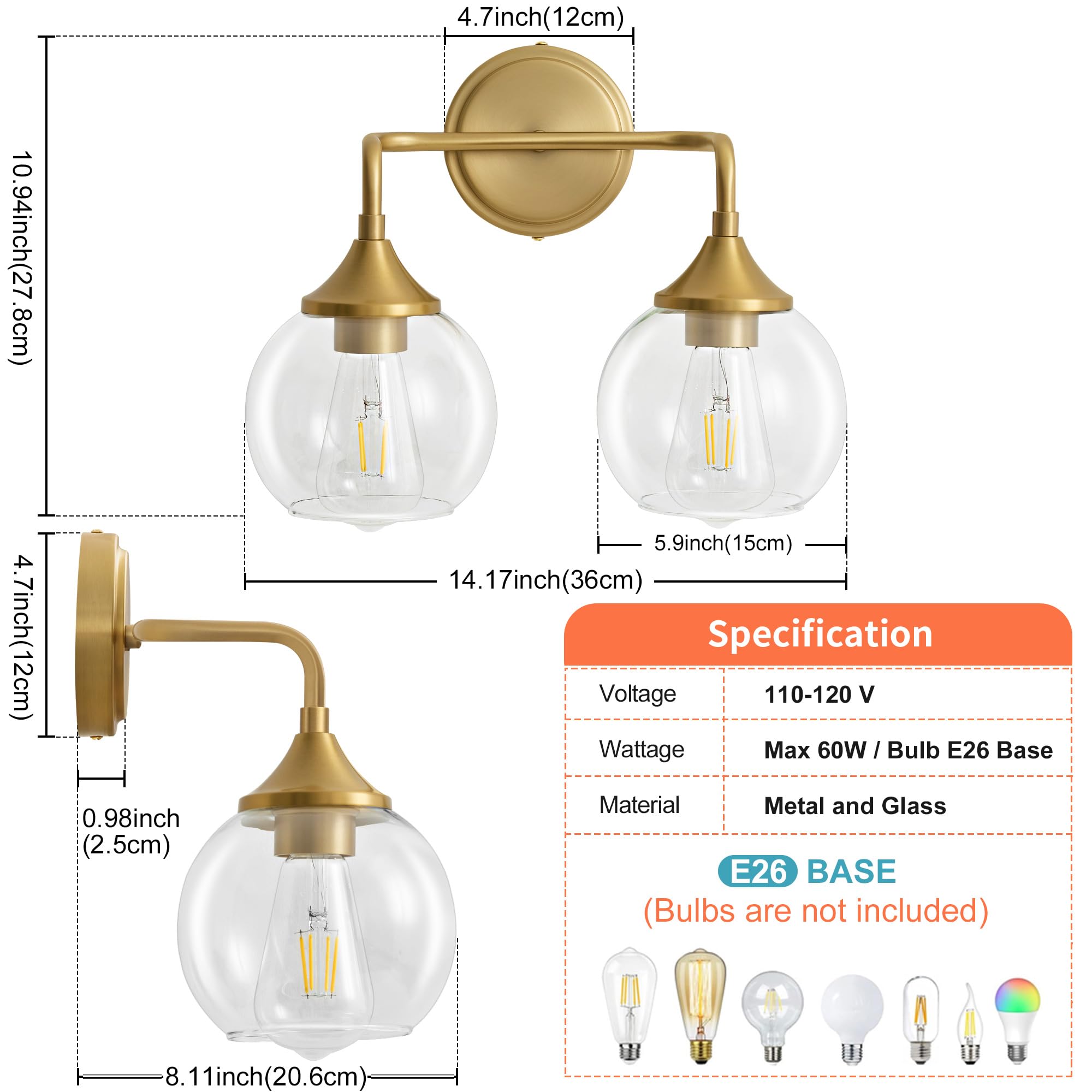 Gednbo Gold Bathroom Vanity Light, 2-Light Metal Fixture, Clear Glass Shade, Model G1796, 19 Inch, E26 Base