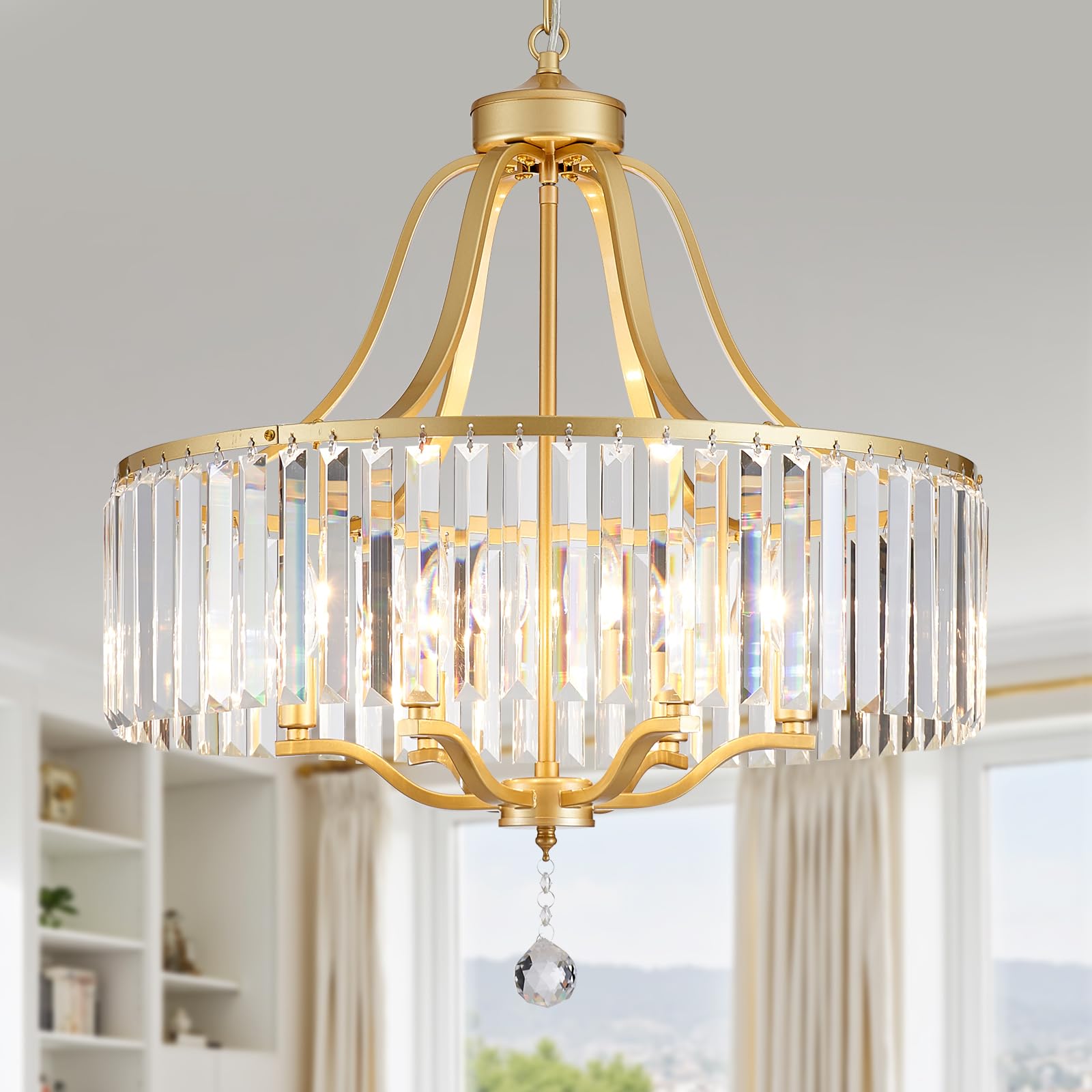 peskoe 6-Light Crystal Gold Chandeliers for Dining Room 22 Inch Modern Farmhouse Chandelier Large Pendant Lighting Fixture Round