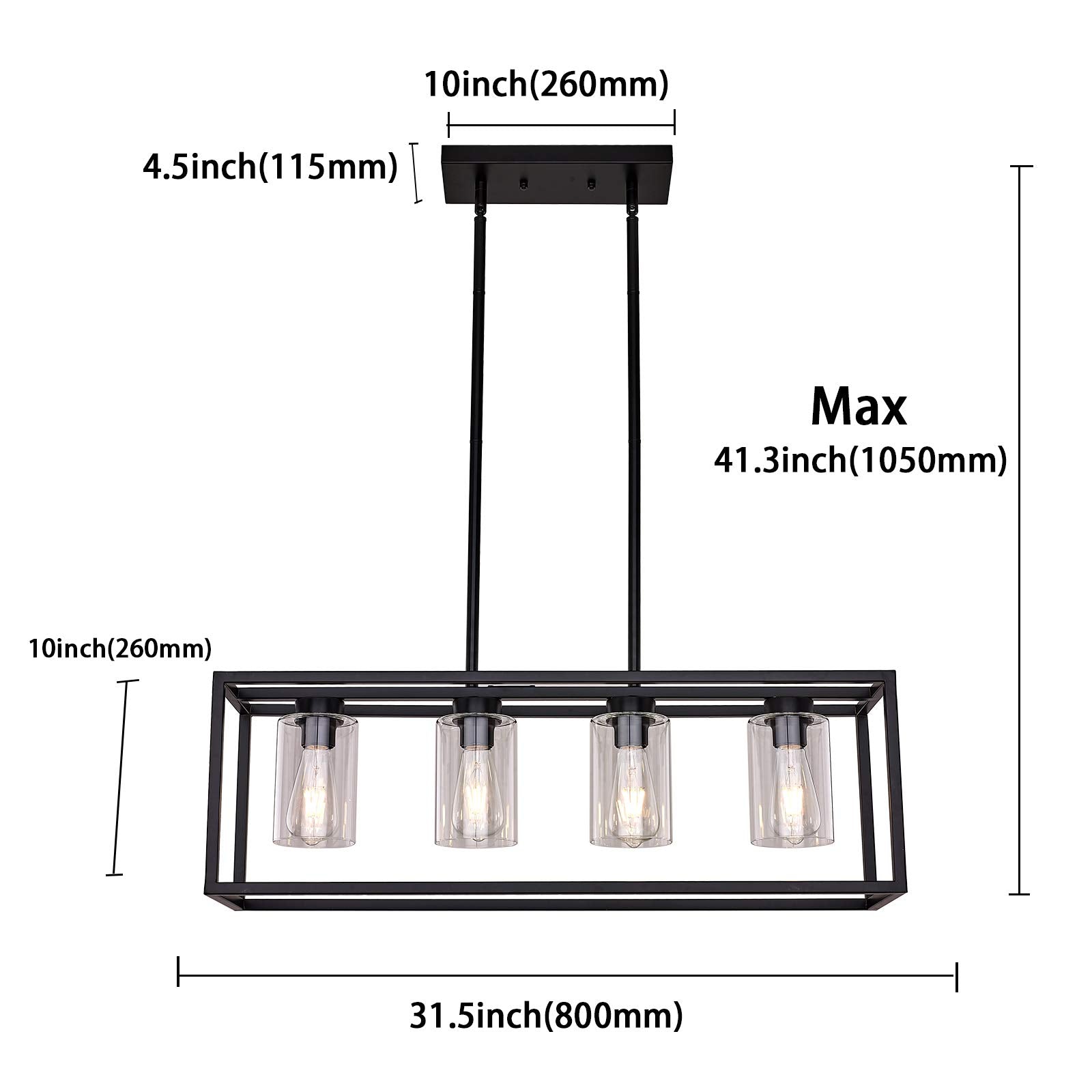 Xilicon 4-Light Black Linear Pendant Chandelier With Glass Shades For Kitchen Island & Cafe