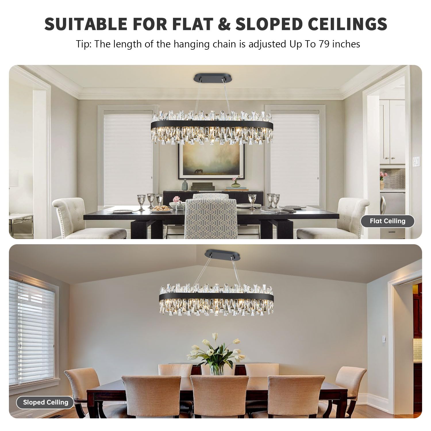 TMAFON Modern Black Crystal Chandelier, Rectangle 35.4" K9 Raindrop Light Fixture for Dining Room & Kitchen Island