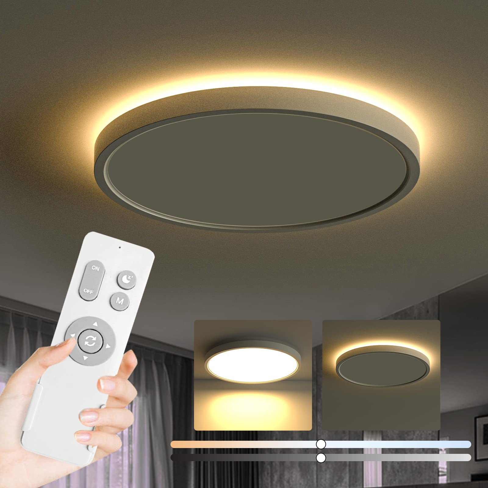 Roomratv Ceiling Light Fixture, 15.8in Flush Mount Nightlight, Remote Control, 3000K-6500K Color Changeable, White Polycarbonate