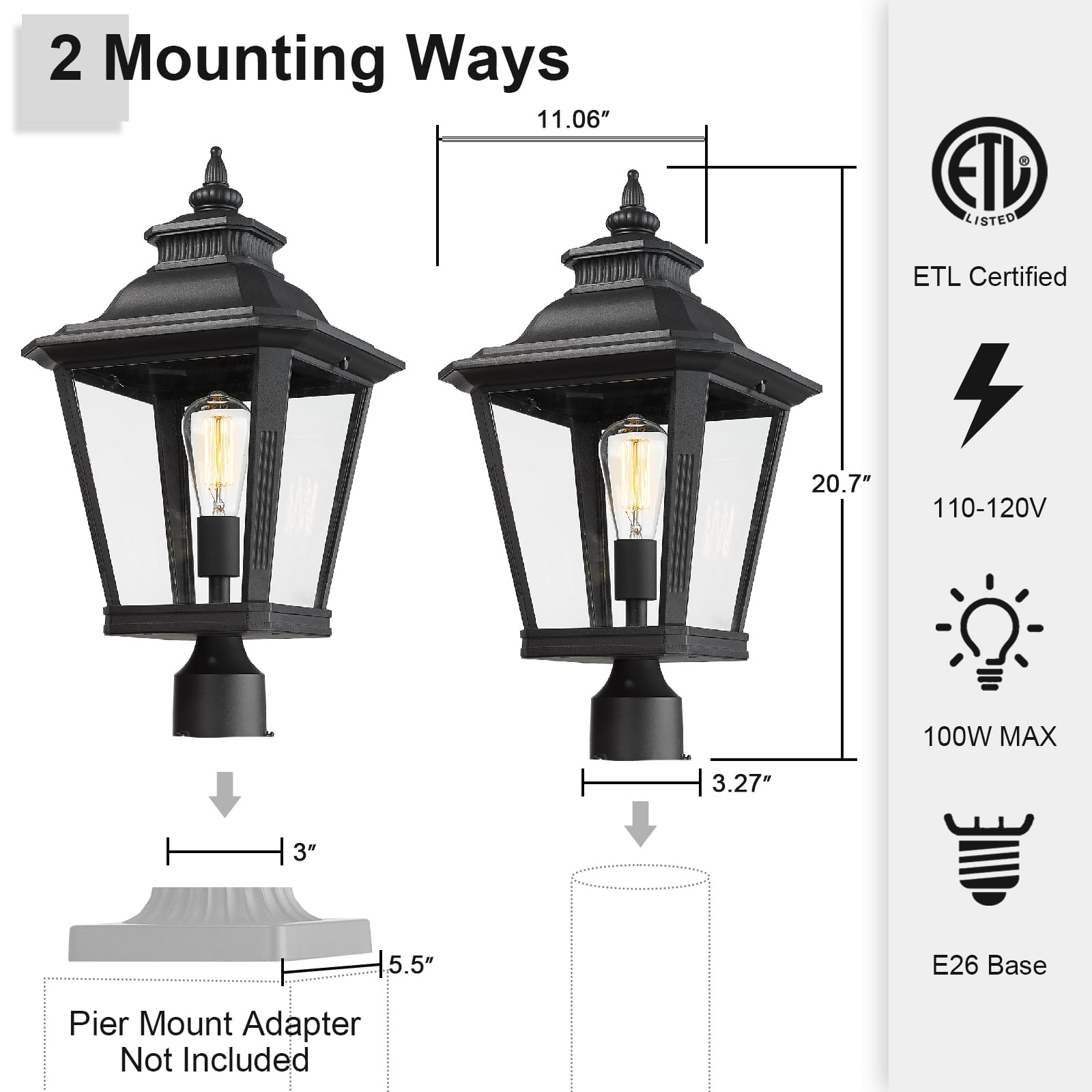 Luminzone 21'' Outdoor Post Light Fixture - Black Waterproof Aluminum For Pathway & Patio