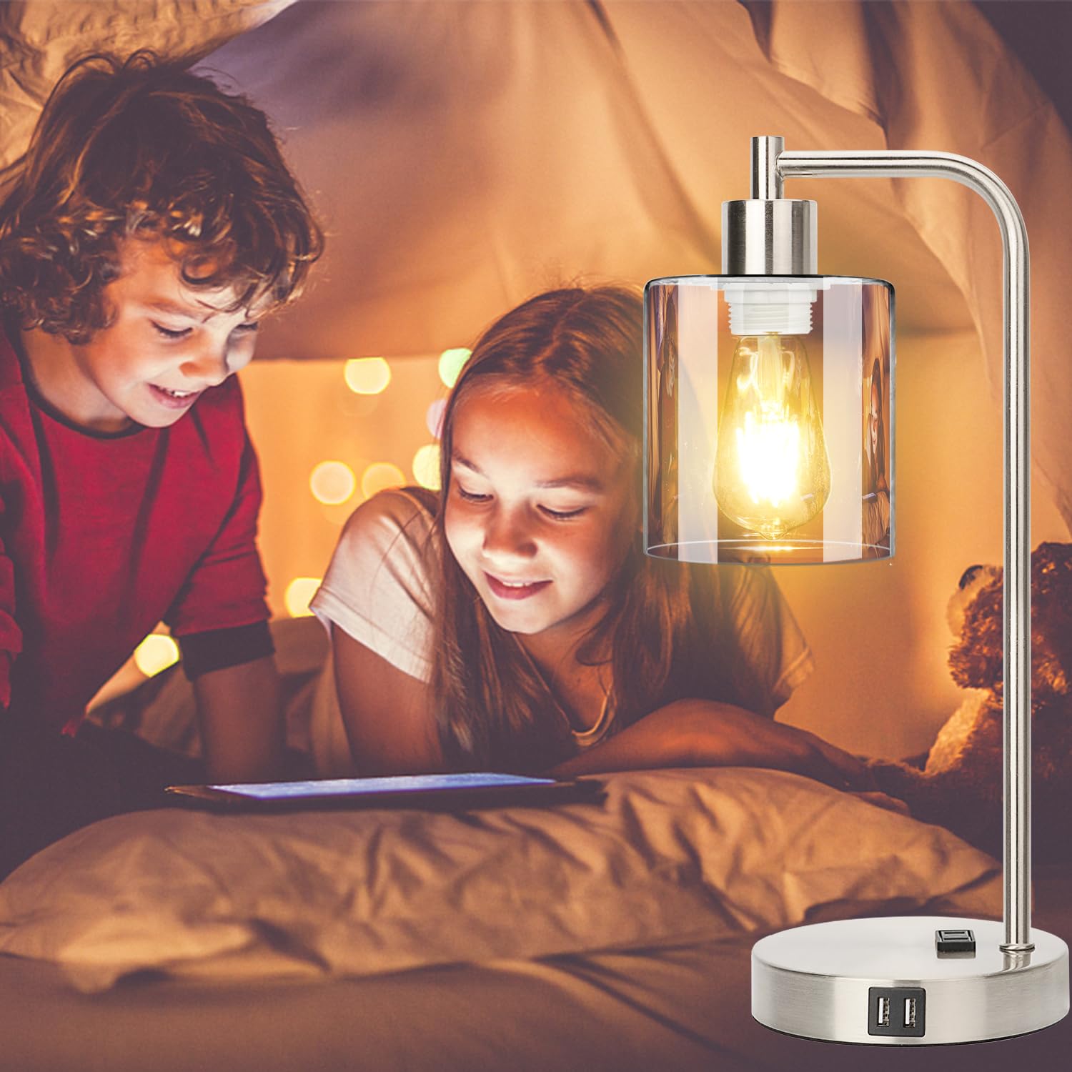 Industrial Touch Control Table Lamps Set Of 2 - Brushed Nickel Nightstand Bedside Lamps With 2 Usb Ports & Ac Outlet, 3-Way Dimm