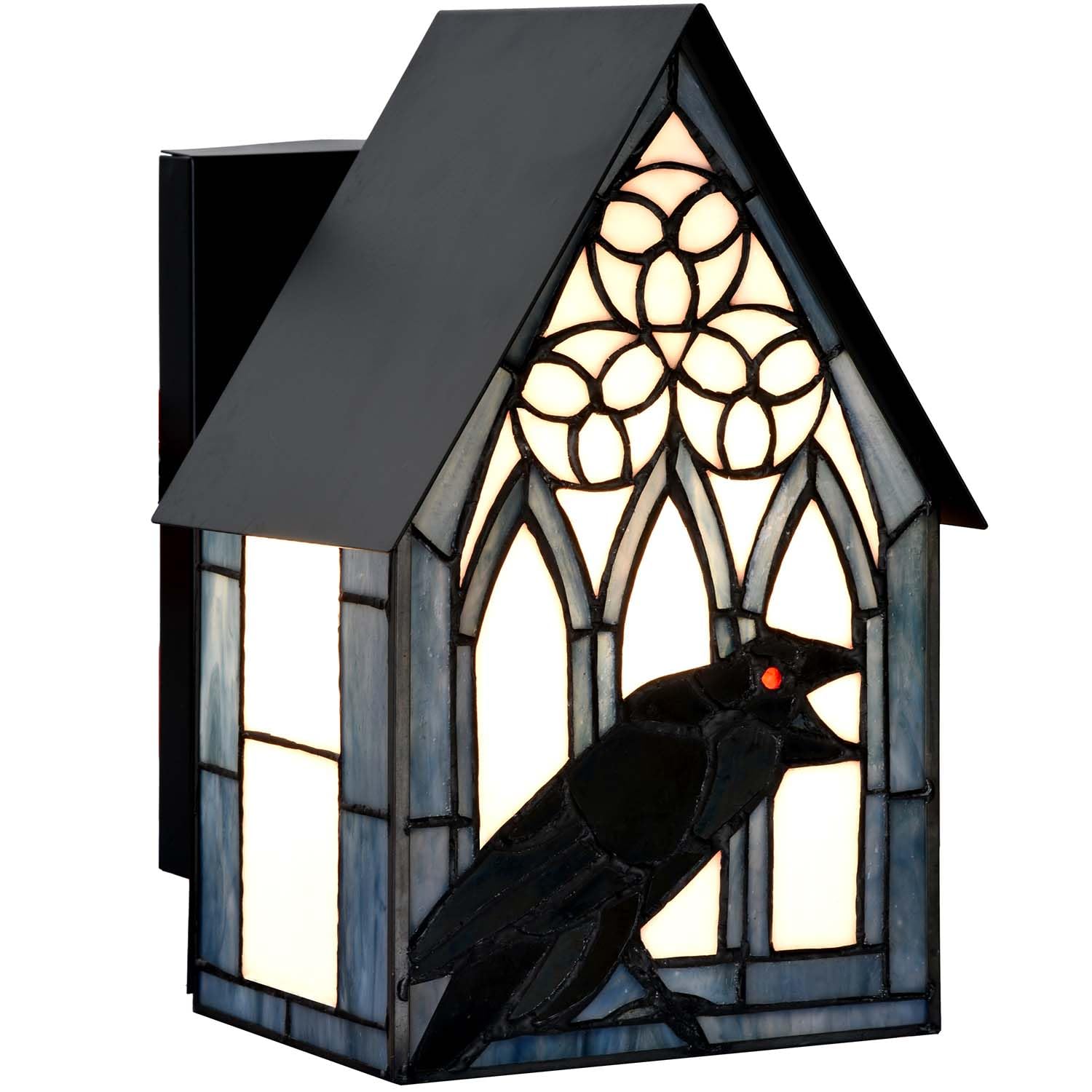 Bieye L10985 Tiffany-Style Stained Glass Outdoor Wall Sconce, Raven Porch Light for Front Door Entryway Patio (Dark Blue Gothic 