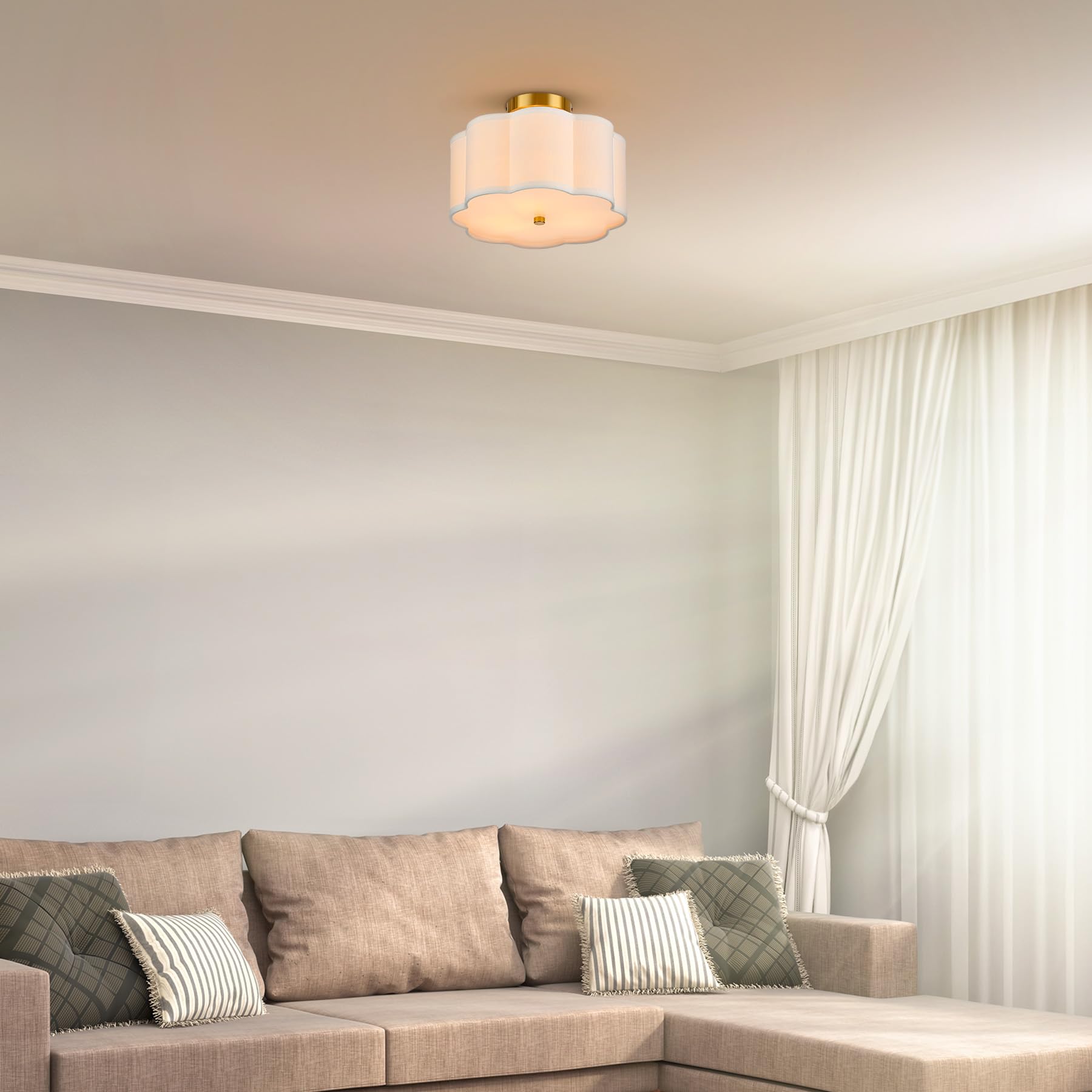 Vonluce Semi Flush Mount Ceiling Light, 13'' Ceiling Light Fixture With Flower-Shaped Fabric Shade, 3-Light Modern Light Fixture