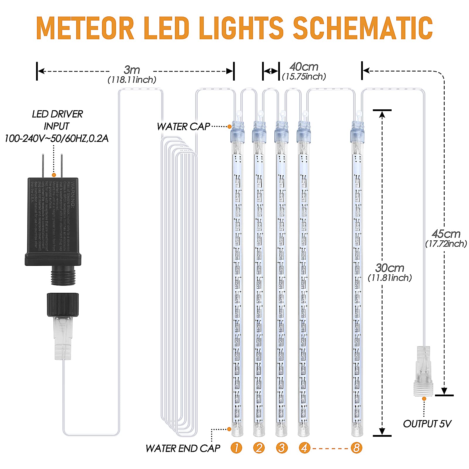 Fyyzy Christmas Lights Meteor Shower Rain Light Falling Rain Lights With 8 Tubes 192 Leds Waterproof Icicle Snow Fall String Lights For Party Tree Home Patio Outdoor Decoration(8 Tubes,White)