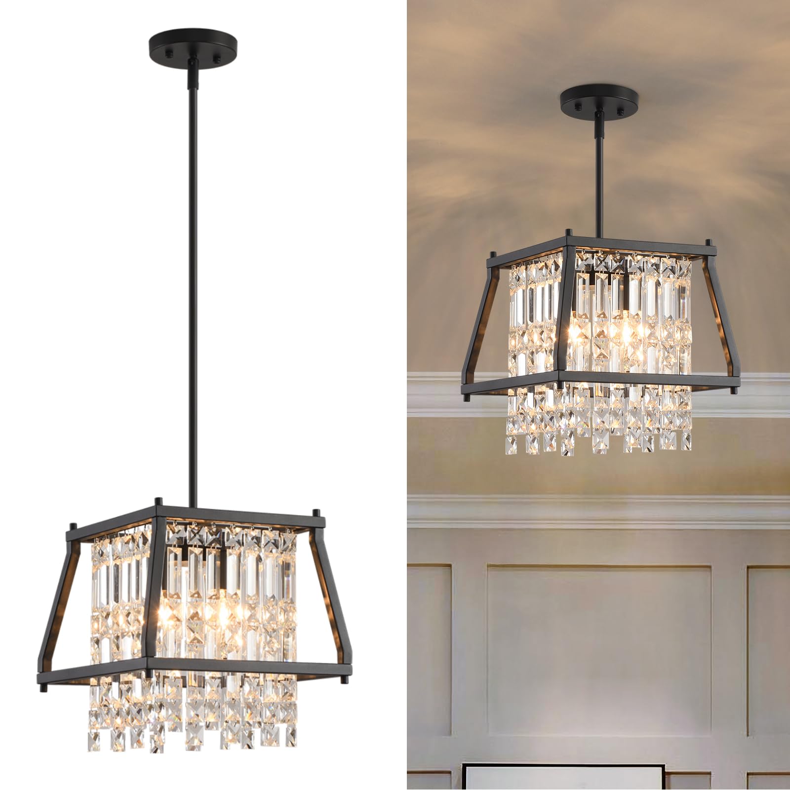 LMQNINE Farmhouse Chandelier - Black Metal Crystal Pendant Light for Kitchen, Dining Room, Living Room - Flat & Inclined Ceiling
