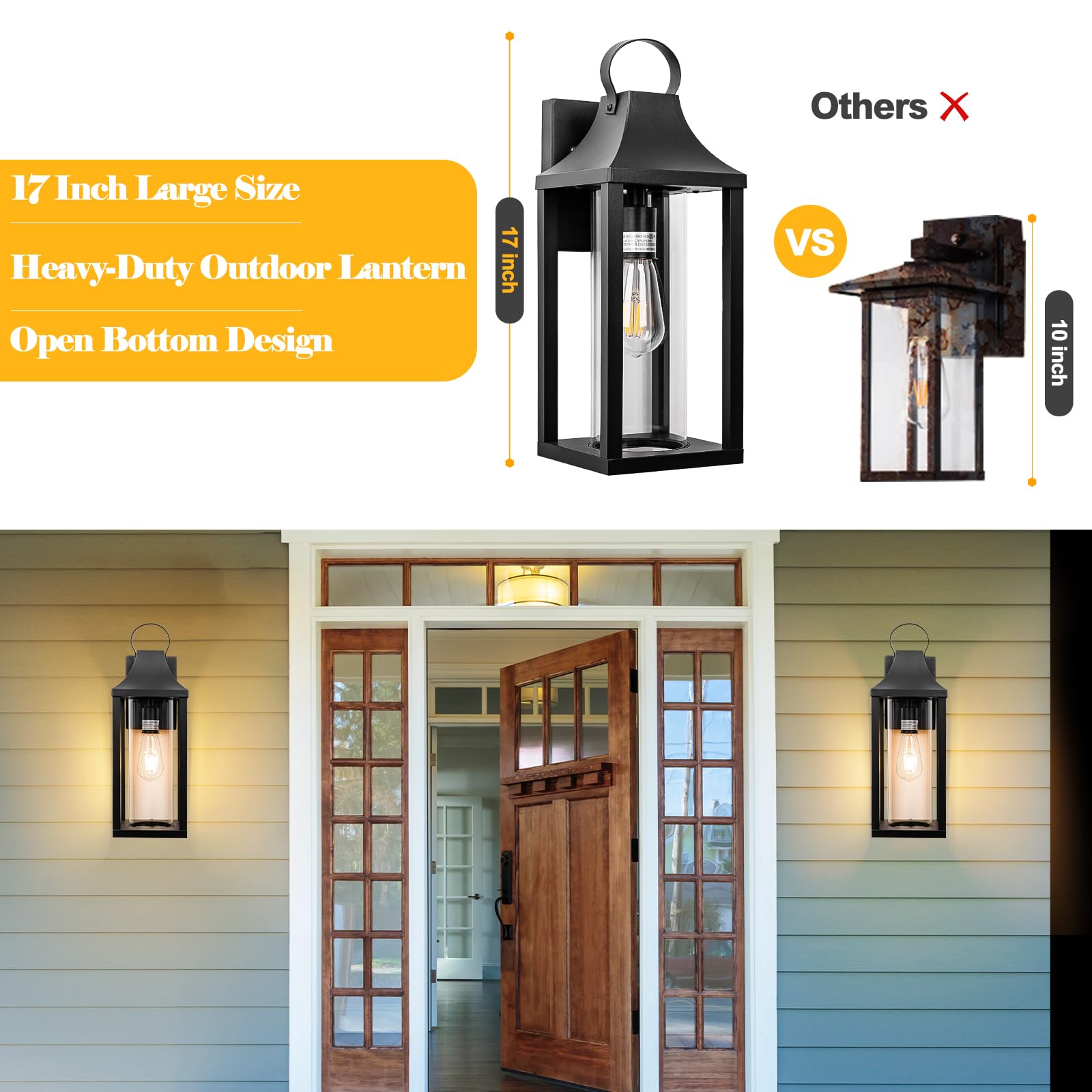 Roravilila 17&quot; Matte Black Porch Light Fixture, Ip65 Waterproof Outdoor Wall Sconce Lantern