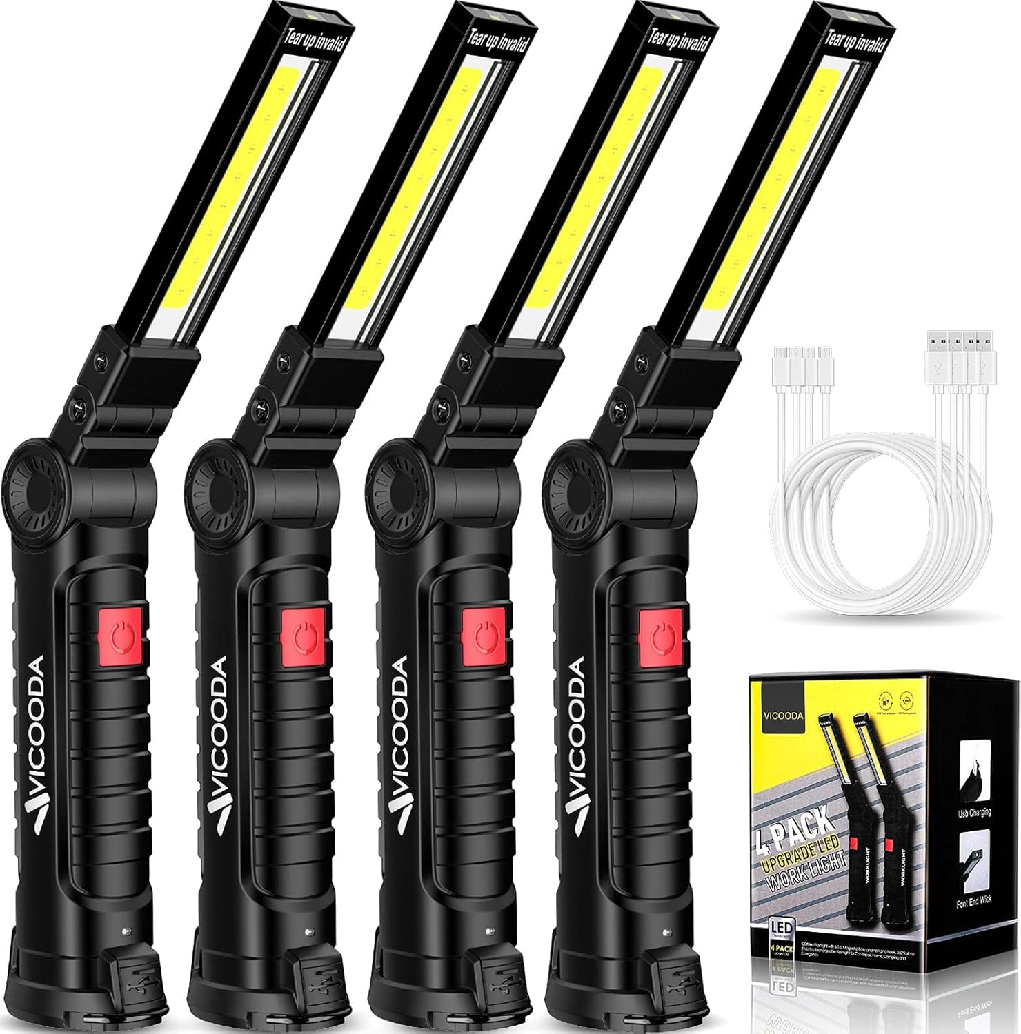 LED Rechargeable Work Light with Magnetic Base Hanging Hook  360 Rotate 5 Modes  Mechanic Flashlight for Car Repair  Grill  Outdoor  Emergency  Tight Spaces - Valentines Day Gift for Men(4 Pack)