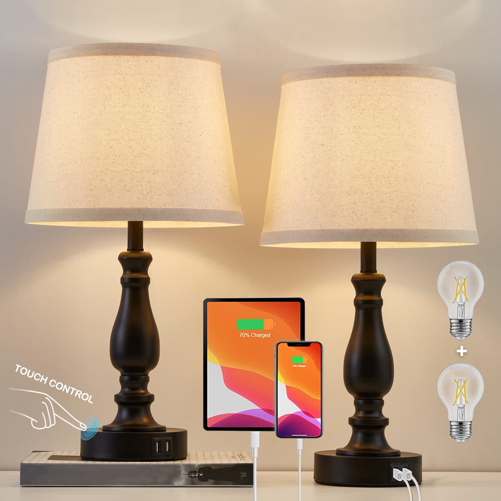 EJIAXIN Touch Bedside Table Lamps Set of 2, 3 Way Dimmable, USB Ports, Slub Linen Shade, Light Oat Color, Model E-98008A