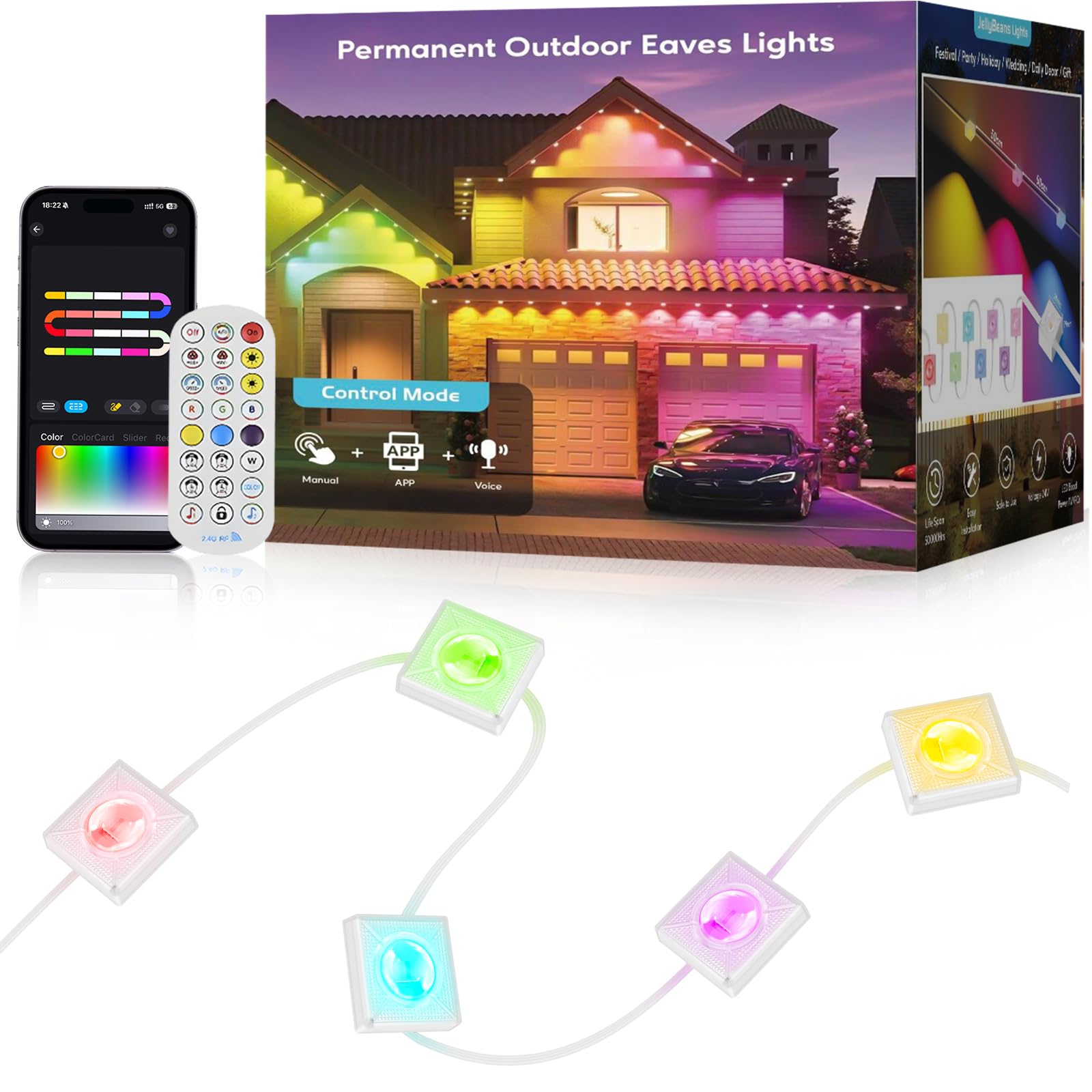 Galental Permanent Outdoor Lights  100FT RGB+IC LED Lights with Smart APP & Remote Control  72 Scene Modes  Waterproof IP65 for Holiday  Christmas  Yard Decorations(Extension Cord Not Included)