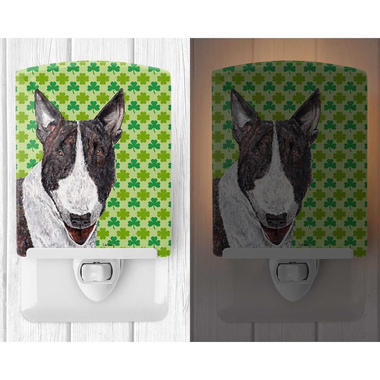 Caroline'S Treasures Sc9575Cnl Bull Terrier Lucky Shamrock St. Patrick'S Day Ceramic Night Light Compact, Ul-Certified, Ideal For Bedroom, Bathroom, Nursery, Hallway, Kitchen, 6X4X3, Multicolor