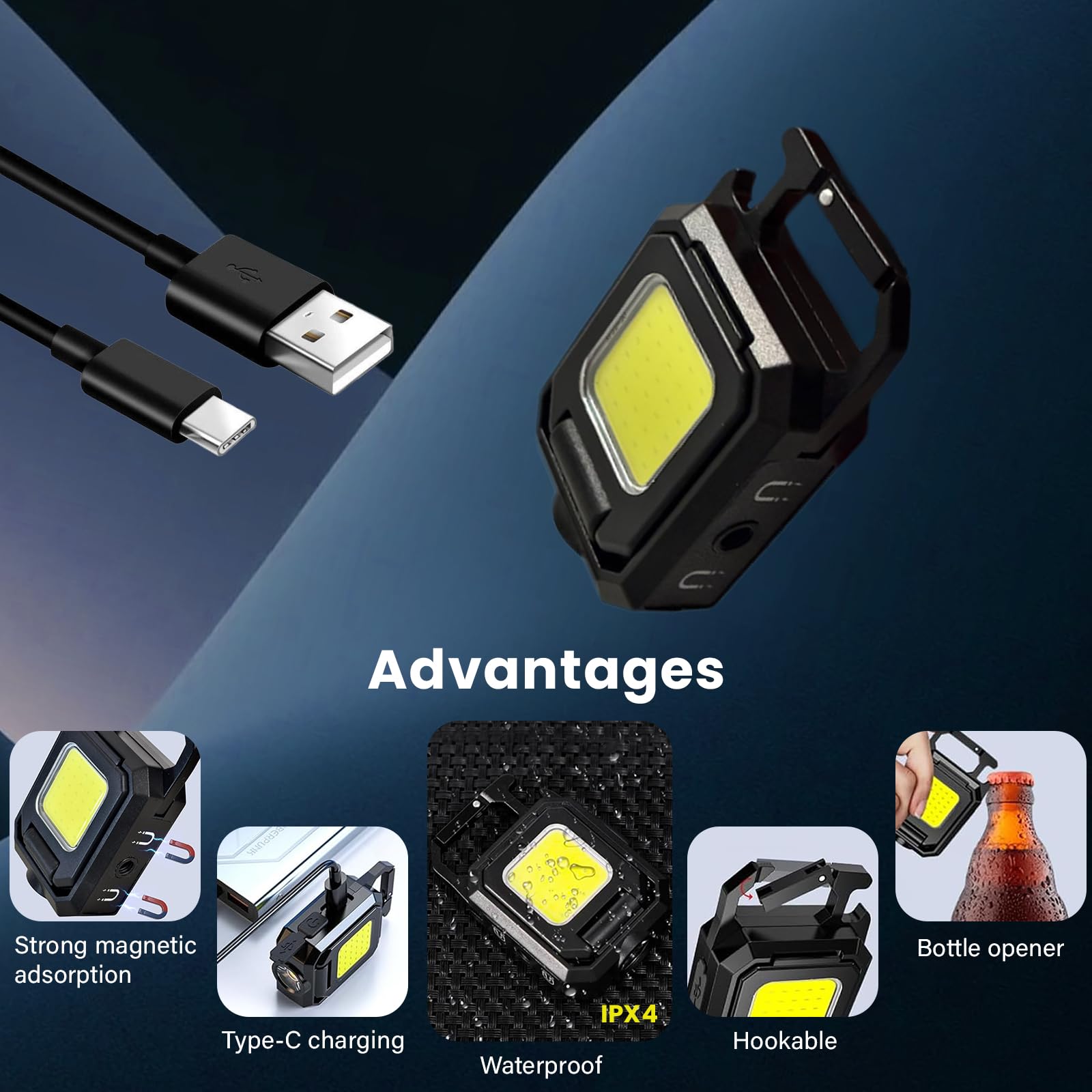 MAKDAK Cob Keychain Work Light EDC Flashlight, Rechargeable, Black, Model S16-2pc, with Bottle Opener for Camping and Emergency Use