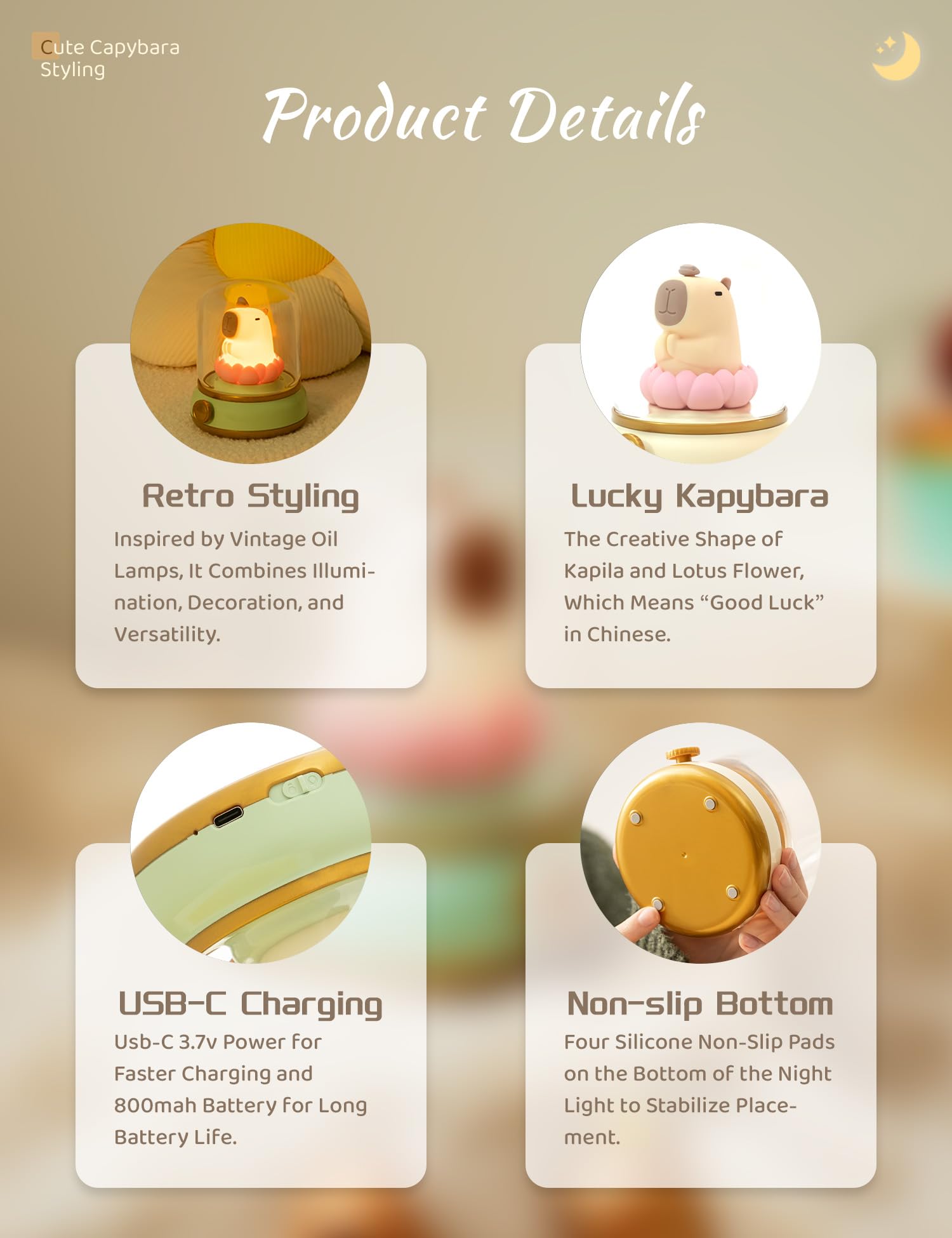 Wanidea Lucky Capybara Night Light, Cute Rechargeable Lamp For Kids, Rotatable Brightness Adjustment, Lucky Capybara Gift (Yello