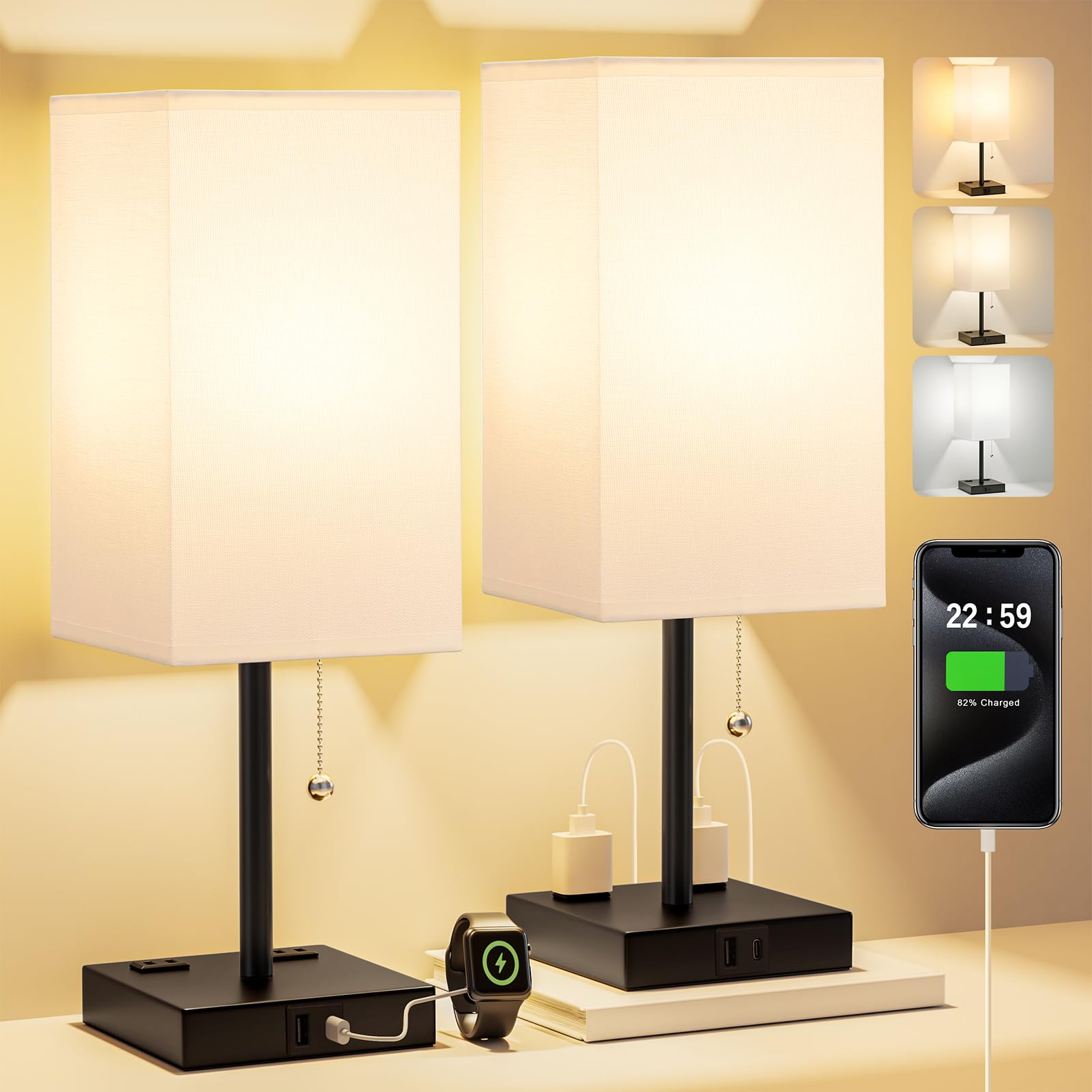 17.4In Tall Table Lamps For Bedroom Set Of 2 - 3 Color Bedside Lamps With Ac Outlets And Usb Ports For Charging, White And Black