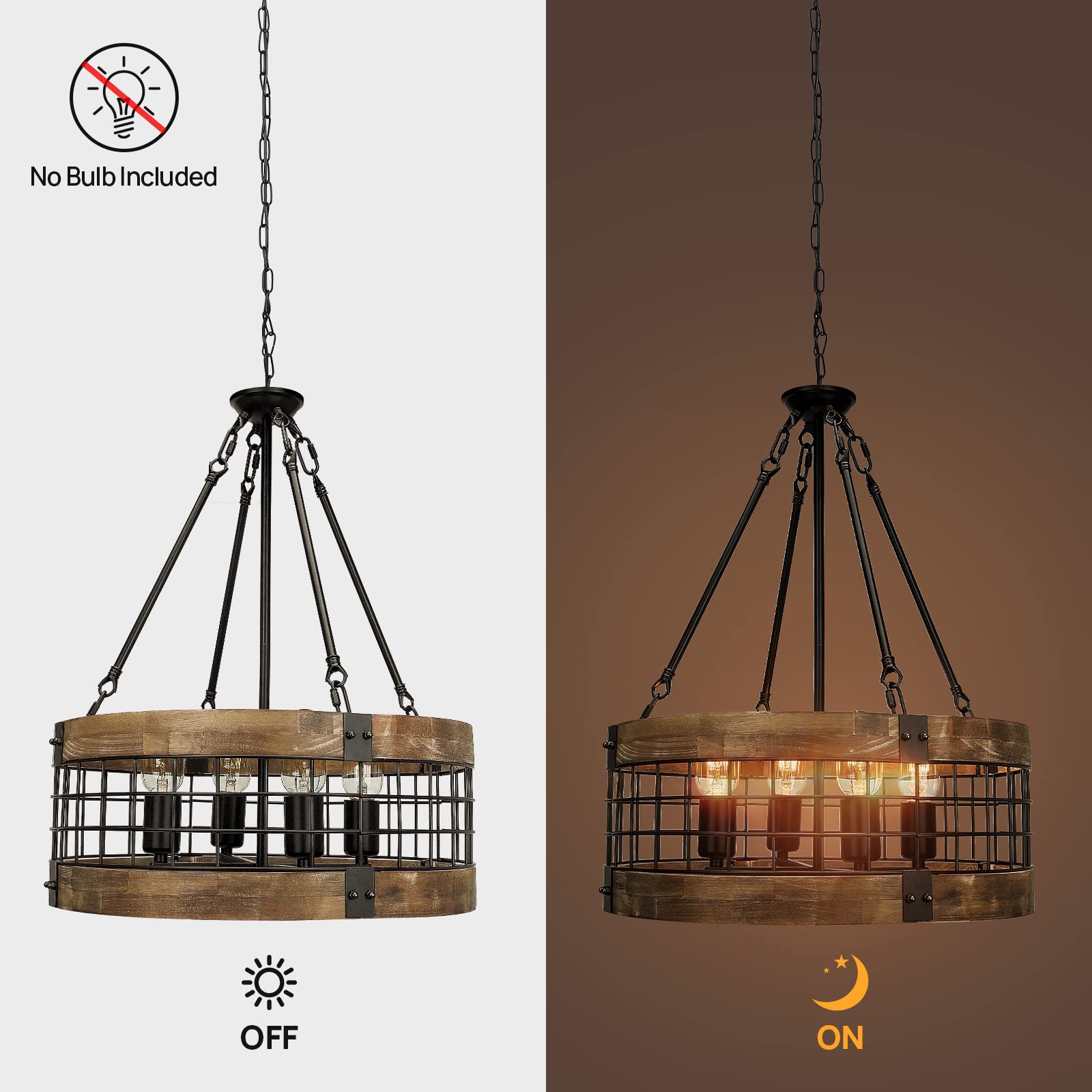ACNKTZ Rustic Chandelier Light Fixture, 4-Light Pendant, Black Wood, 17.8'' Diameter for Dining Room, Entryway, Kitchen Island