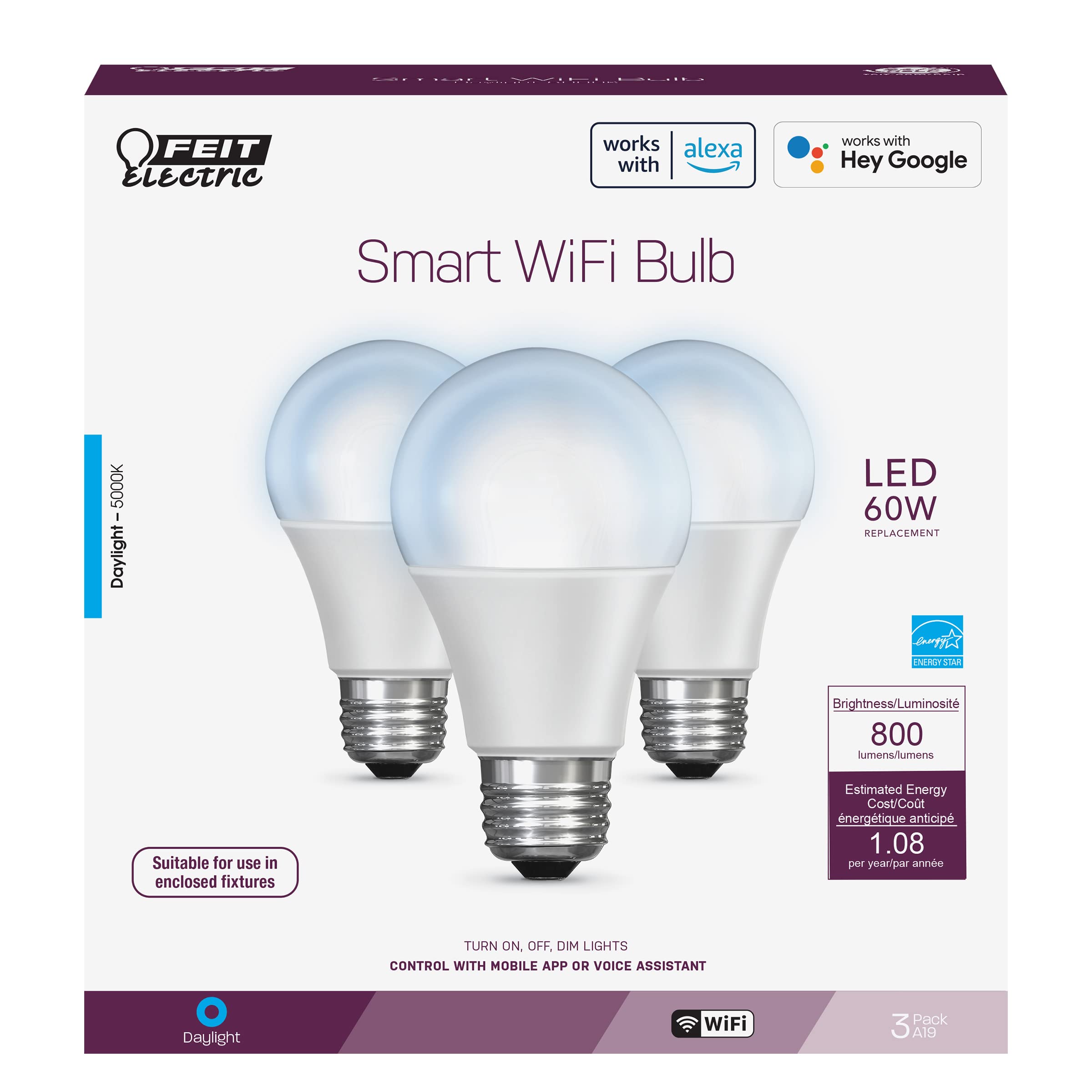 Feit Electric Smart Light Bulbs, Dimmable 60W = LED 9W, 3 Pack, 5000K Daylight, Model OM60/950CA/AG/3
