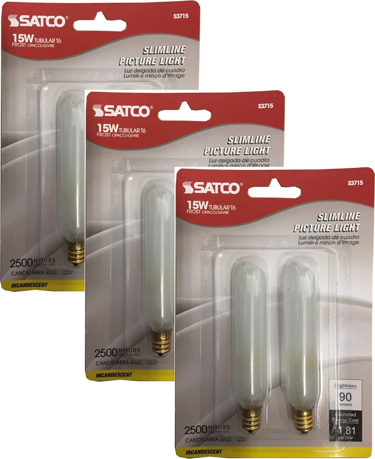 Satco S3715 Set of 3 Blister Packs with 6 Dimmable 15W T6 Candelabra Incandescent Bulbs, 2700K Warm White, E12 Base