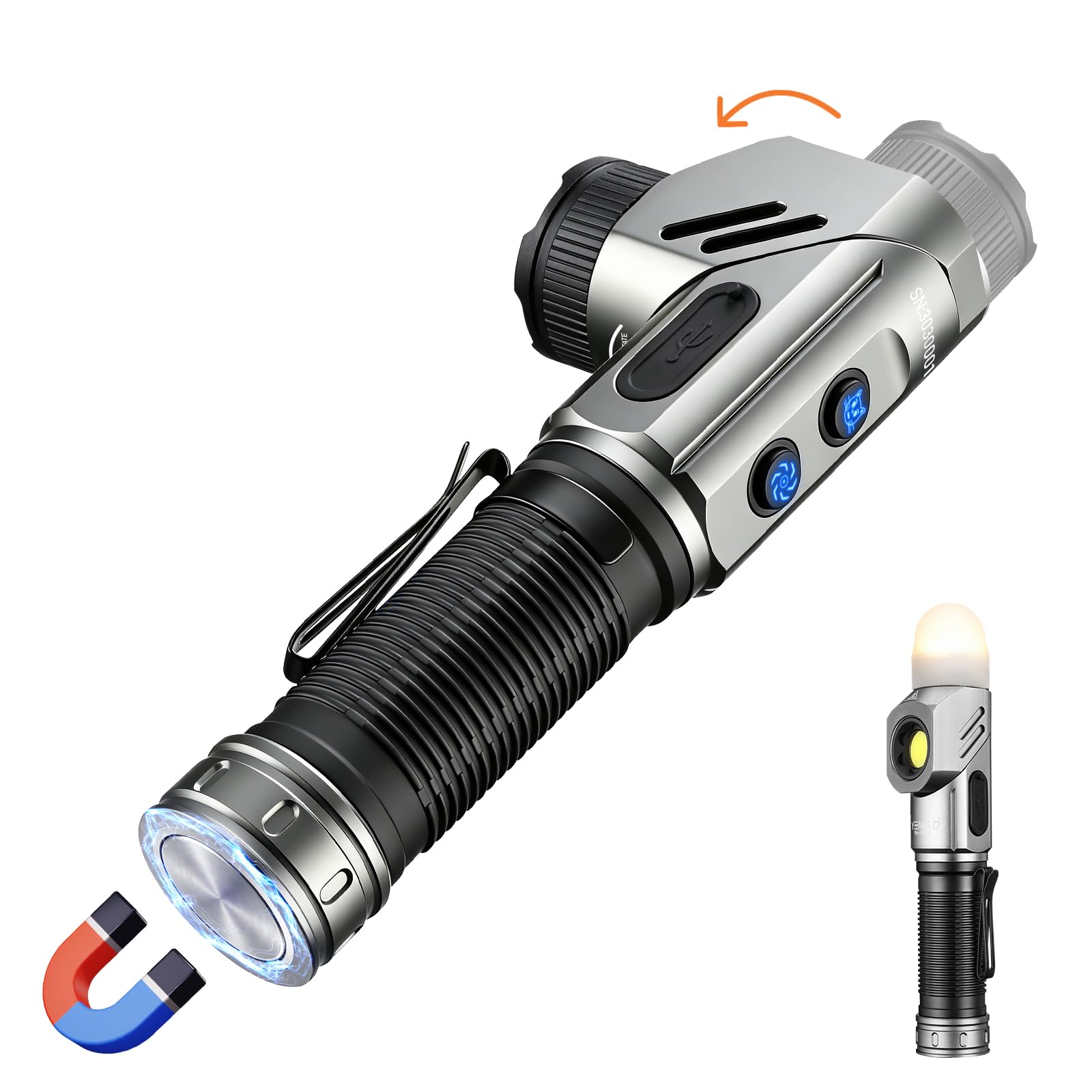 Yemao Rechargeable Tactical Flashlights 1600 High Lumens 2 Light Sources,6 Modes,90 Degree Rotating,Waterproof Working Light wit