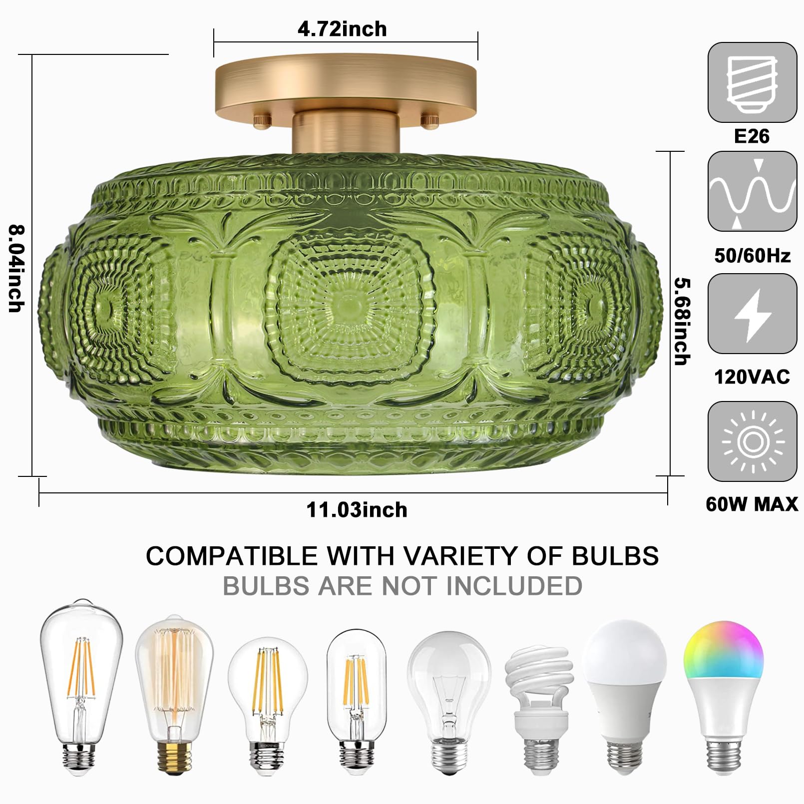 OYKYOHEI Semi Flush Mount Ceiling Light, Green Glass, 11.03 inch, Model 3022C, Vintage Design for Hallway, Kitchen, Bedroom, Dining Room